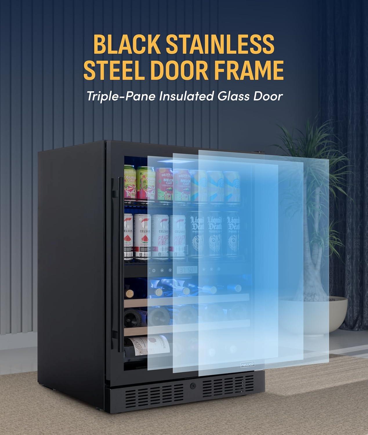 image:imageNewAir 15 Wine and Beverage Refrigerator 9 Bottle and 48 Can Capacity Beverage Cooler in Stainless Steel Builtin or Freestanding Dual Zone Drink Fridge with TriplePane Glass Door49 Bottle or 179 Can