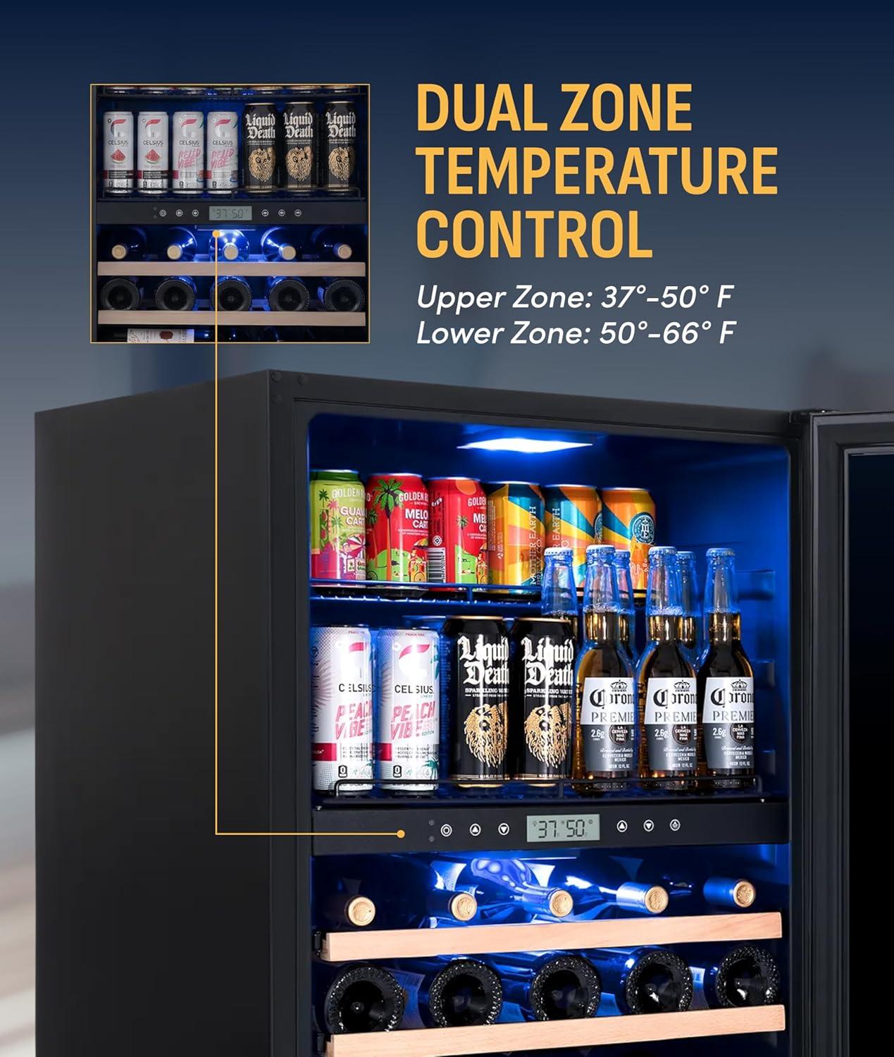 image:imageNewAir 15 Wine and Beverage Refrigerator 9 Bottle and 48 Can Capacity Beverage Cooler in Stainless Steel Builtin or Freestanding Dual Zone Drink Fridge with TriplePane Glass Door49 Bottle or 179 Can