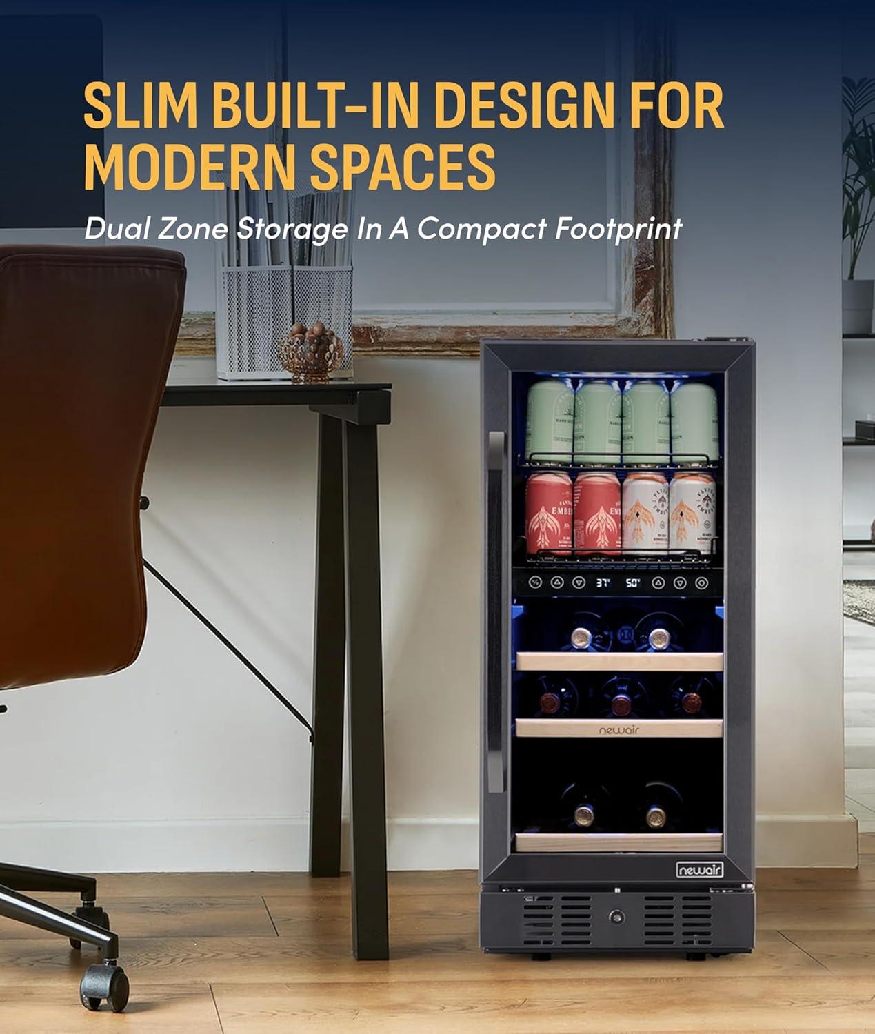 image:imageNewAir 15 Wine and Beverage Refrigerator 9 Bottle and 48 Can Capacity Beverage Cooler in Stainless Steel Builtin or Freestanding Dual Zone Drink Fridge with TriplePane Glass Door9 Bottle 48 Can