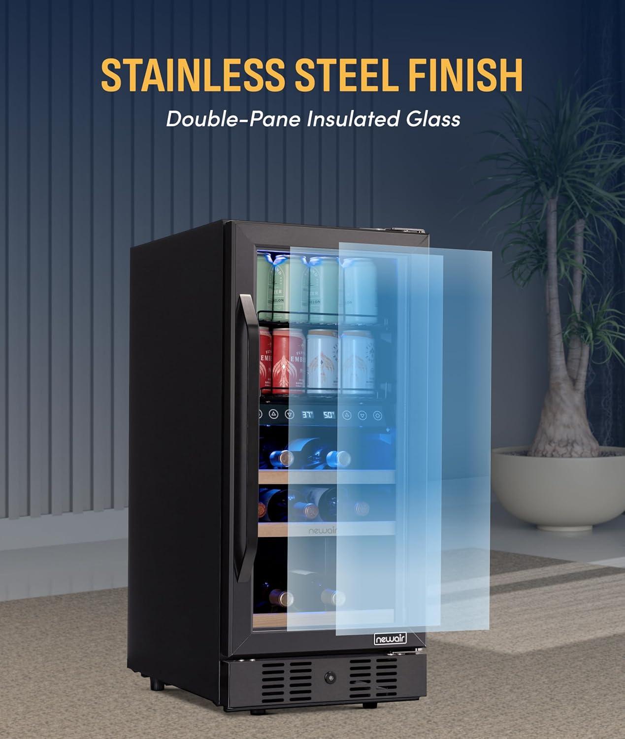 image:imageNewAir 15 Wine and Beverage Refrigerator 9 Bottle and 48 Can Capacity Beverage Cooler in Stainless Steel Builtin or Freestanding Dual Zone Drink Fridge with TriplePane Glass Door9 Bottle 48 Can