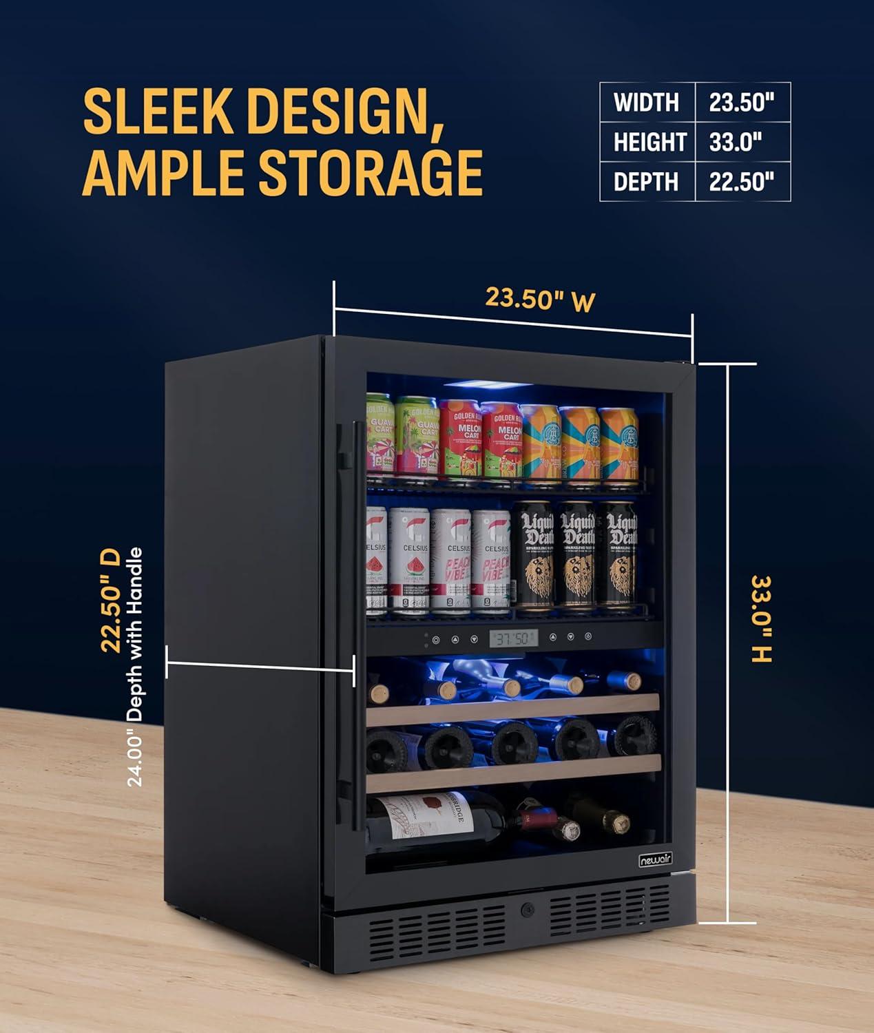 image:imageNewAir 15 Wine and Beverage Refrigerator 9 Bottle and 48 Can Capacity Beverage Cooler in Stainless Steel Builtin or Freestanding Dual Zone Drink Fridge with TriplePane Glass Door49 Bottle or 179 Can