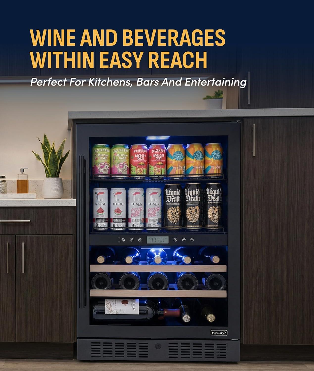 image:imageNewAir 15 Wine and Beverage Refrigerator 9 Bottle and 48 Can Capacity Beverage Cooler in Stainless Steel Builtin or Freestanding Dual Zone Drink Fridge with TriplePane Glass Door49 Bottle or 179 Can