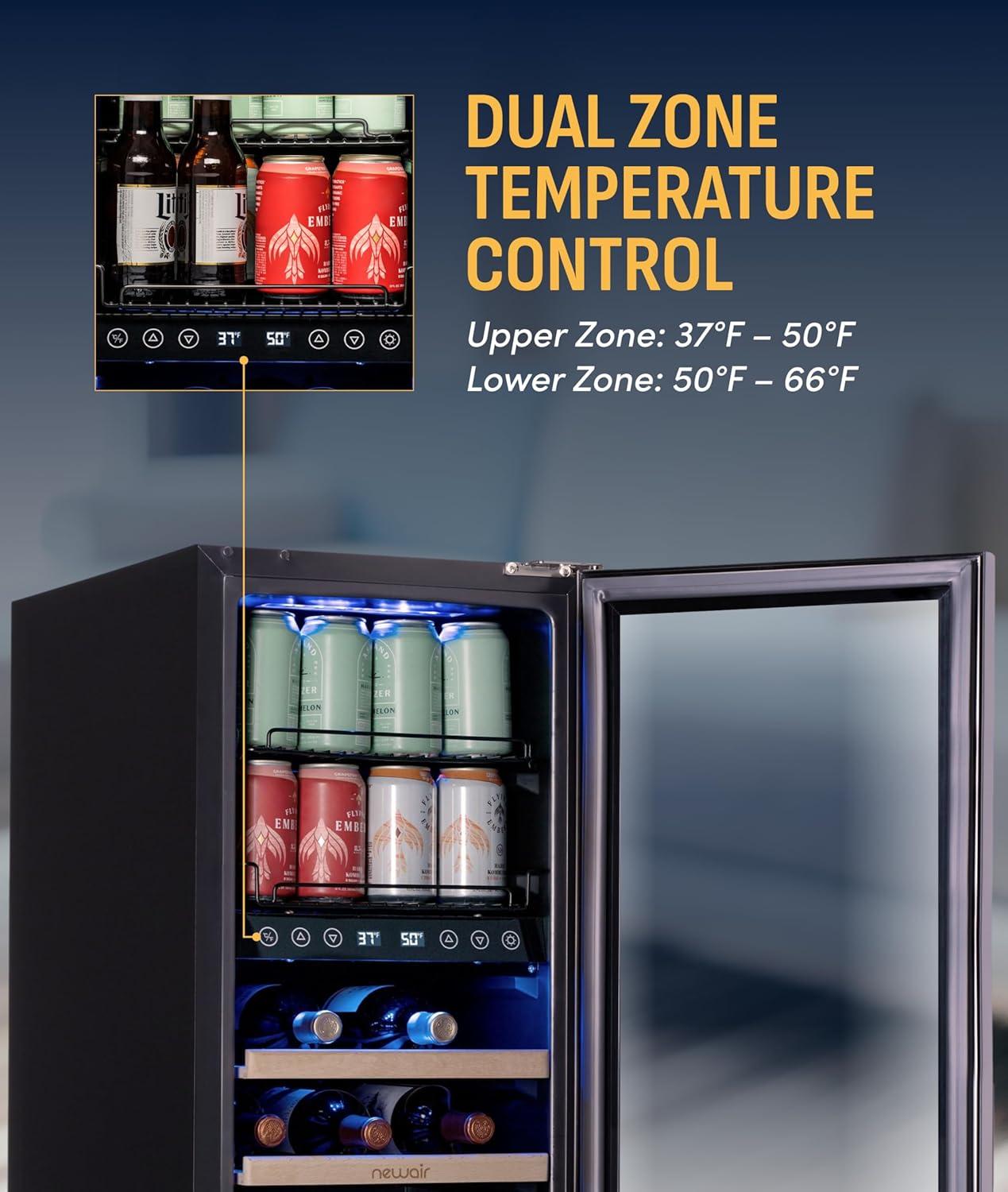 image:imageNewAir 15 Wine and Beverage Refrigerator 9 Bottle and 48 Can Capacity Beverage Cooler in Stainless Steel Builtin or Freestanding Dual Zone Drink Fridge with TriplePane Glass Door9 Bottle 48 Can