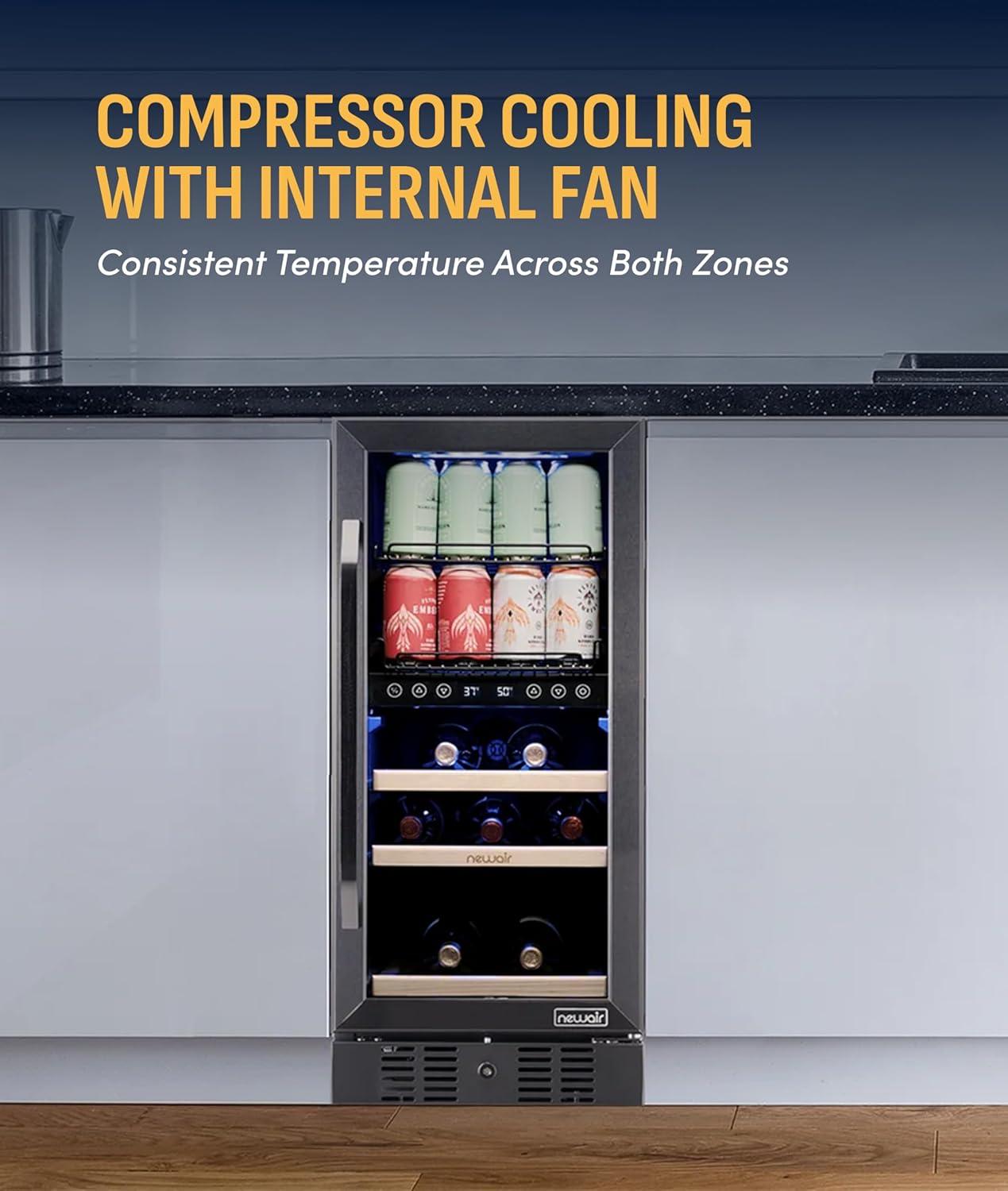 image:imageNewAir 15 Wine and Beverage Refrigerator 9 Bottle and 48 Can Capacity Beverage Cooler in Stainless Steel Builtin or Freestanding Dual Zone Drink Fridge with TriplePane Glass Door9 Bottle 48 Can