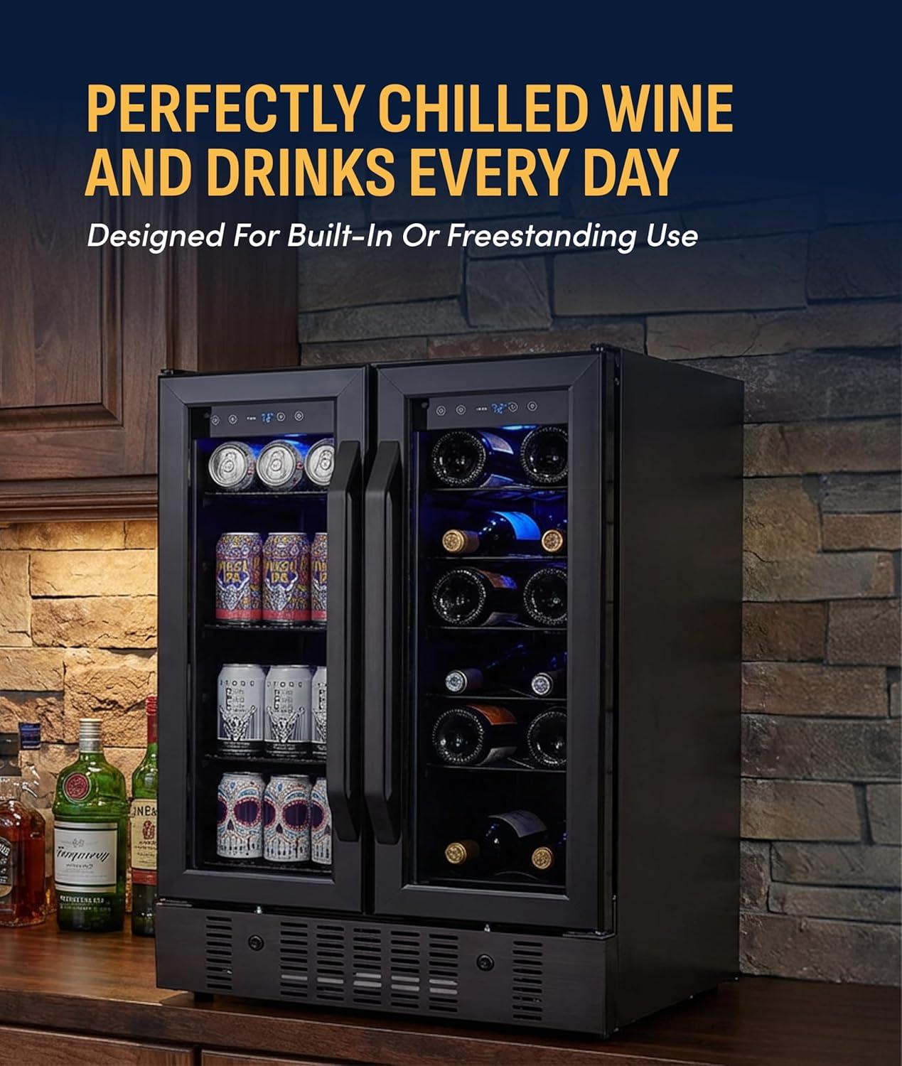 image:imageNewAir 15 Wine and Beverage Refrigerator 9 Bottle and 48 Can Capacity Beverage Cooler in Stainless Steel Builtin or Freestanding Dual Zone Drink Fridge with TriplePane Glass Door18 Bottle 58 Can