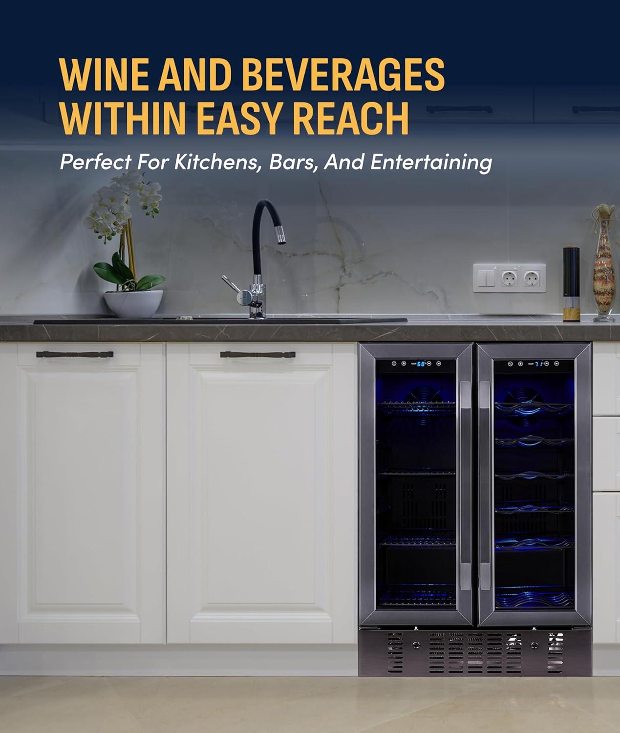image:imageNewAir 15 Wine and Beverage Refrigerator 9 Bottle and 48 Can Capacity Beverage Cooler in Stainless Steel Builtin or Freestanding Dual Zone Drink Fridge with TriplePane Glass Door18 Bottle 58 Can