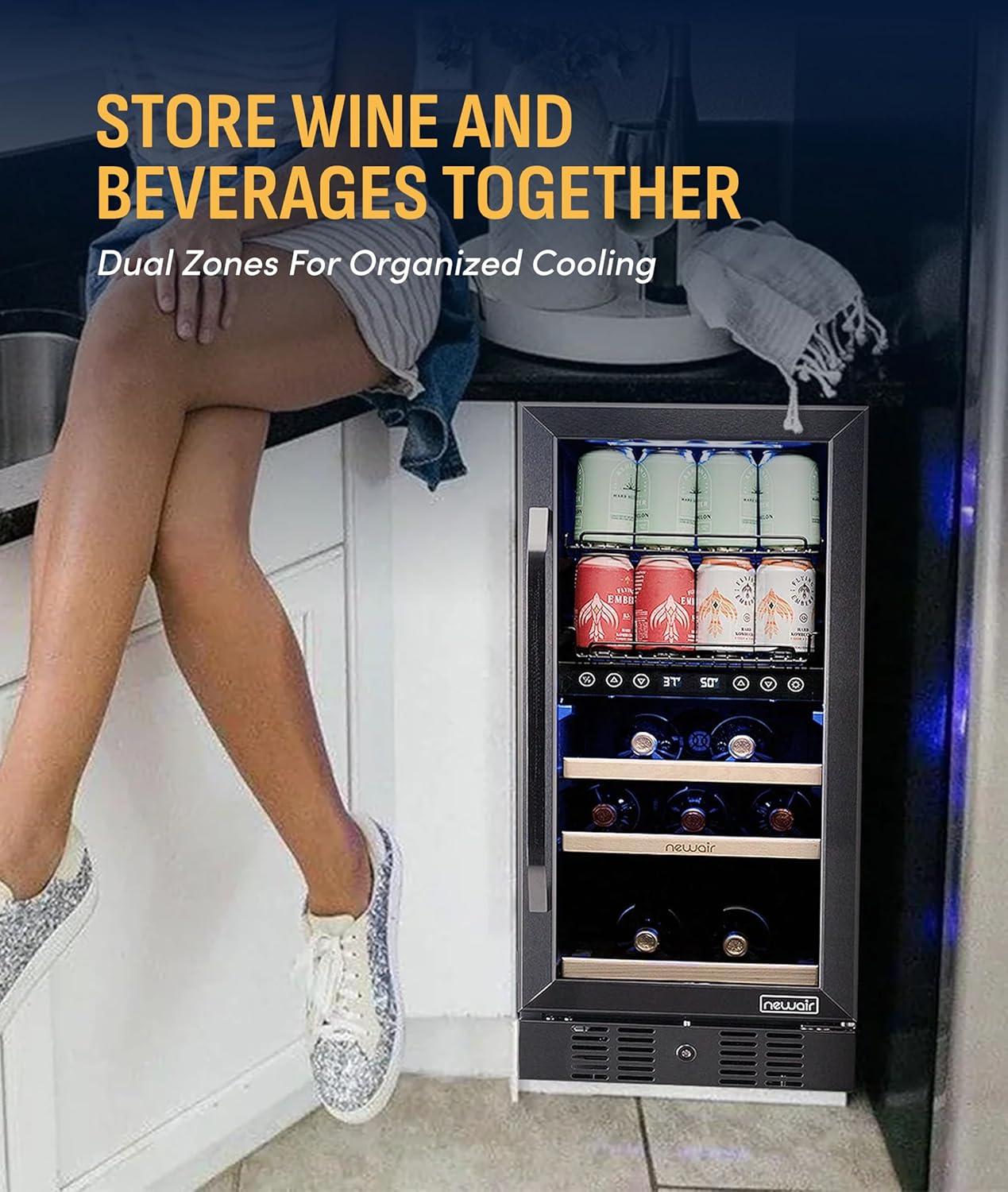 image:imageNewAir 15 Wine and Beverage Refrigerator 9 Bottle and 48 Can Capacity Beverage Cooler in Stainless Steel Builtin or Freestanding Dual Zone Drink Fridge with TriplePane Glass Door9 Bottle 48 Can