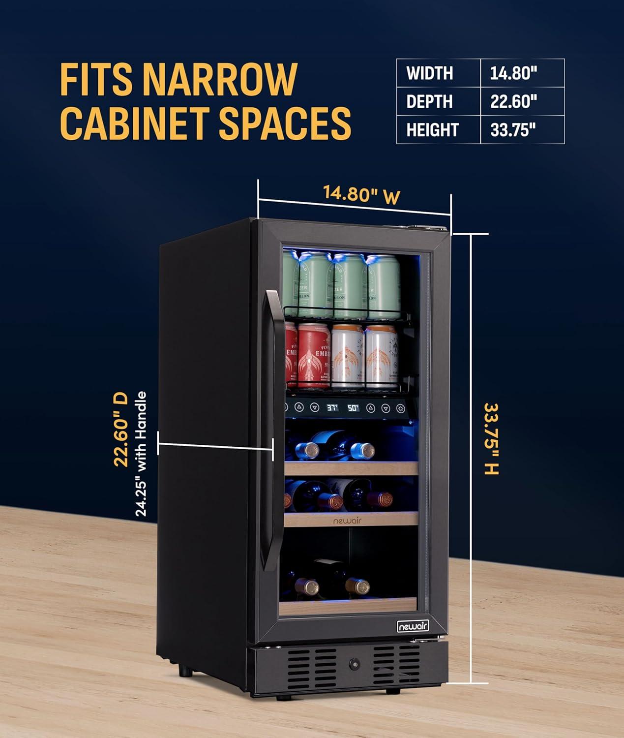 image:imageNewAir 15 Wine and Beverage Refrigerator 9 Bottle and 48 Can Capacity Beverage Cooler in Stainless Steel Builtin or Freestanding Dual Zone Drink Fridge with TriplePane Glass Door9 Bottle 48 Can