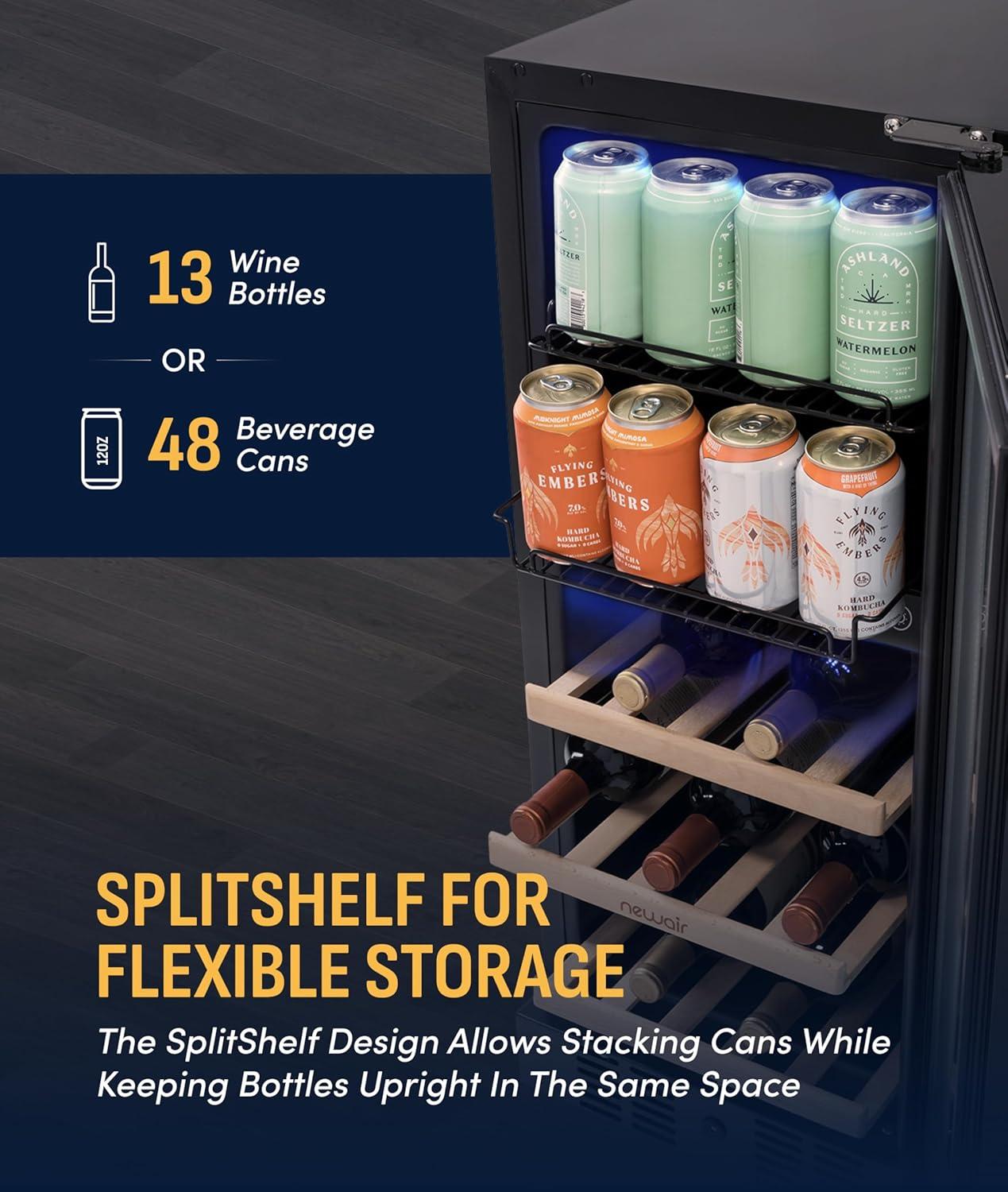 image:imageNewAir 15 Wine and Beverage Refrigerator 9 Bottle and 48 Can Capacity Beverage Cooler in Stainless Steel Builtin or Freestanding Dual Zone Drink Fridge with TriplePane Glass Door9 Bottle 48 Can
