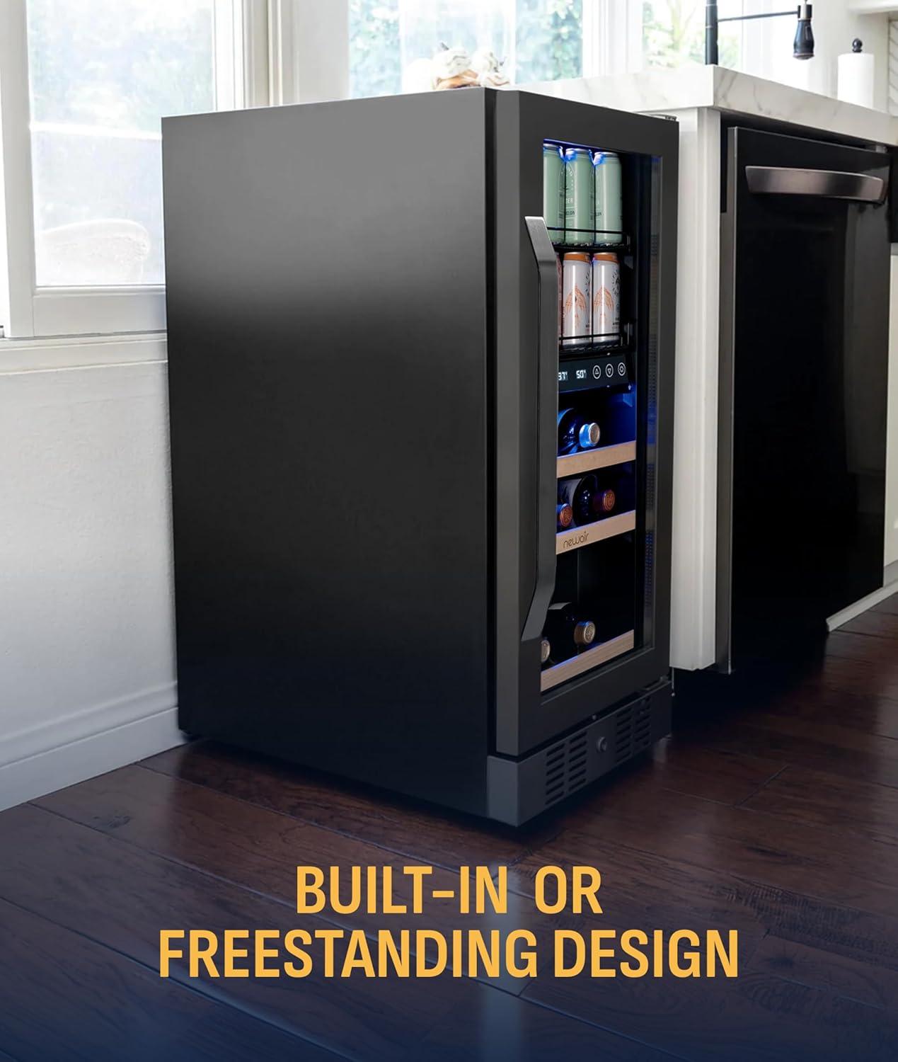 image:imageNewAir 15 Wine and Beverage Refrigerator 9 Bottle and 48 Can Capacity Beverage Cooler in Stainless Steel Builtin or Freestanding Dual Zone Drink Fridge with TriplePane Glass Door9 Bottle 48 Can