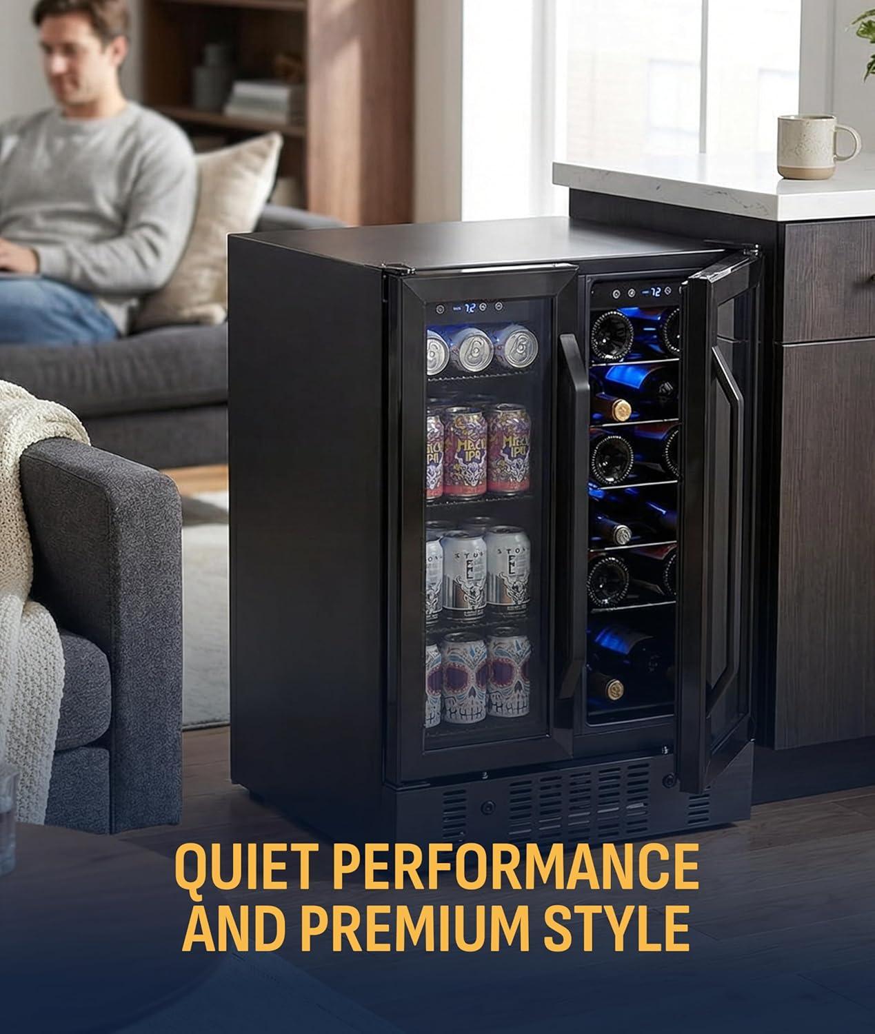 image:imageNewAir 15 Wine and Beverage Refrigerator 9 Bottle and 48 Can Capacity Beverage Cooler in Stainless Steel Builtin or Freestanding Dual Zone Drink Fridge with TriplePane Glass Door18 Bottle 58 Can