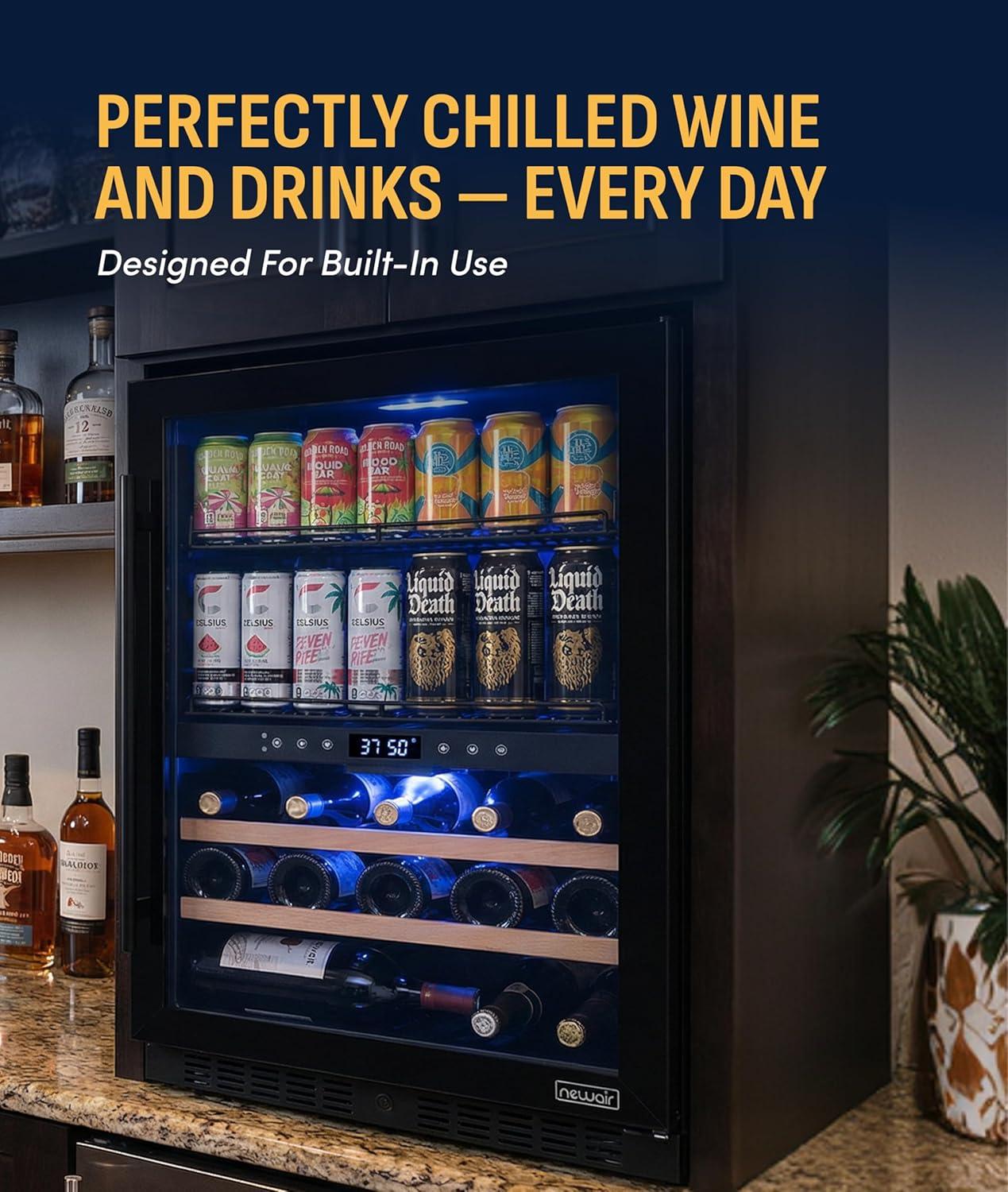image:imageNewAir 15 Wine and Beverage Refrigerator 9 Bottle and 48 Can Capacity Beverage Cooler in Stainless Steel Builtin or Freestanding Dual Zone Drink Fridge with TriplePane Glass Door49 Bottle or 179 Can