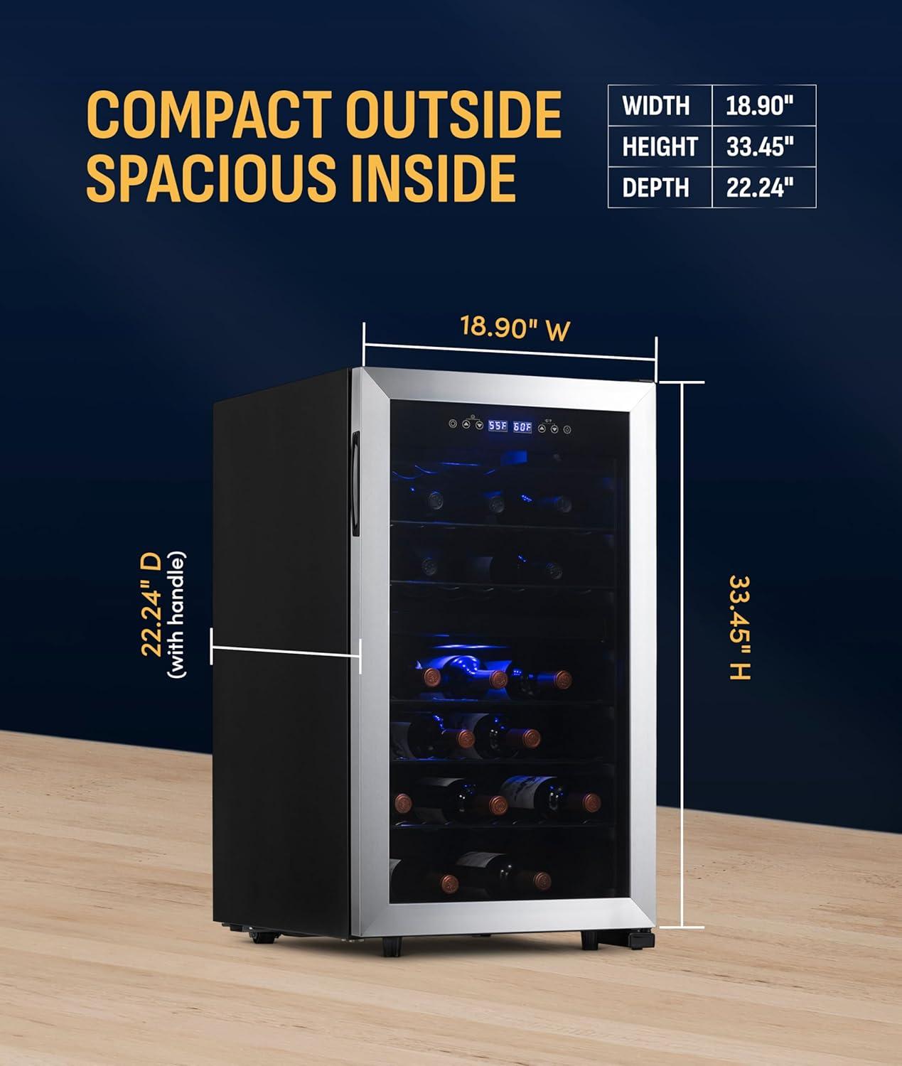 image:imageNewAir 19 Dual Zone Wine Fridge for 28 Bottles BuiltIn or Freestanding Wine Cooler Refrigerator with Glass Door Quiet Compressor Cooling amp Exterior Digital Thermostat Stainless SteelStainless Steel