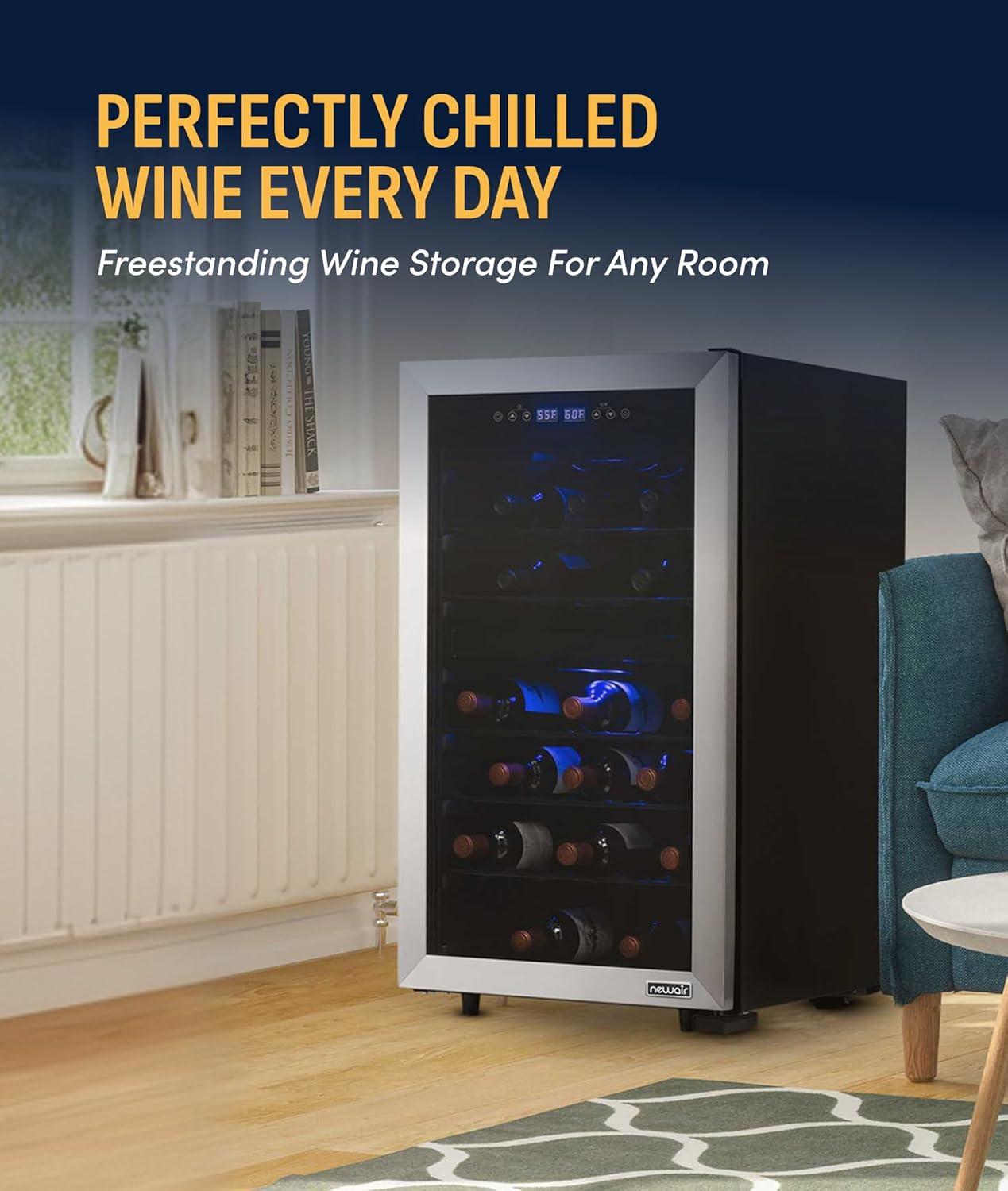 image:imageNewAir 19 Dual Zone Wine Fridge for 28 Bottles BuiltIn or Freestanding Wine Cooler Refrigerator with Glass Door Quiet Compressor Cooling amp Exterior Digital Thermostat Stainless SteelStainless Steel