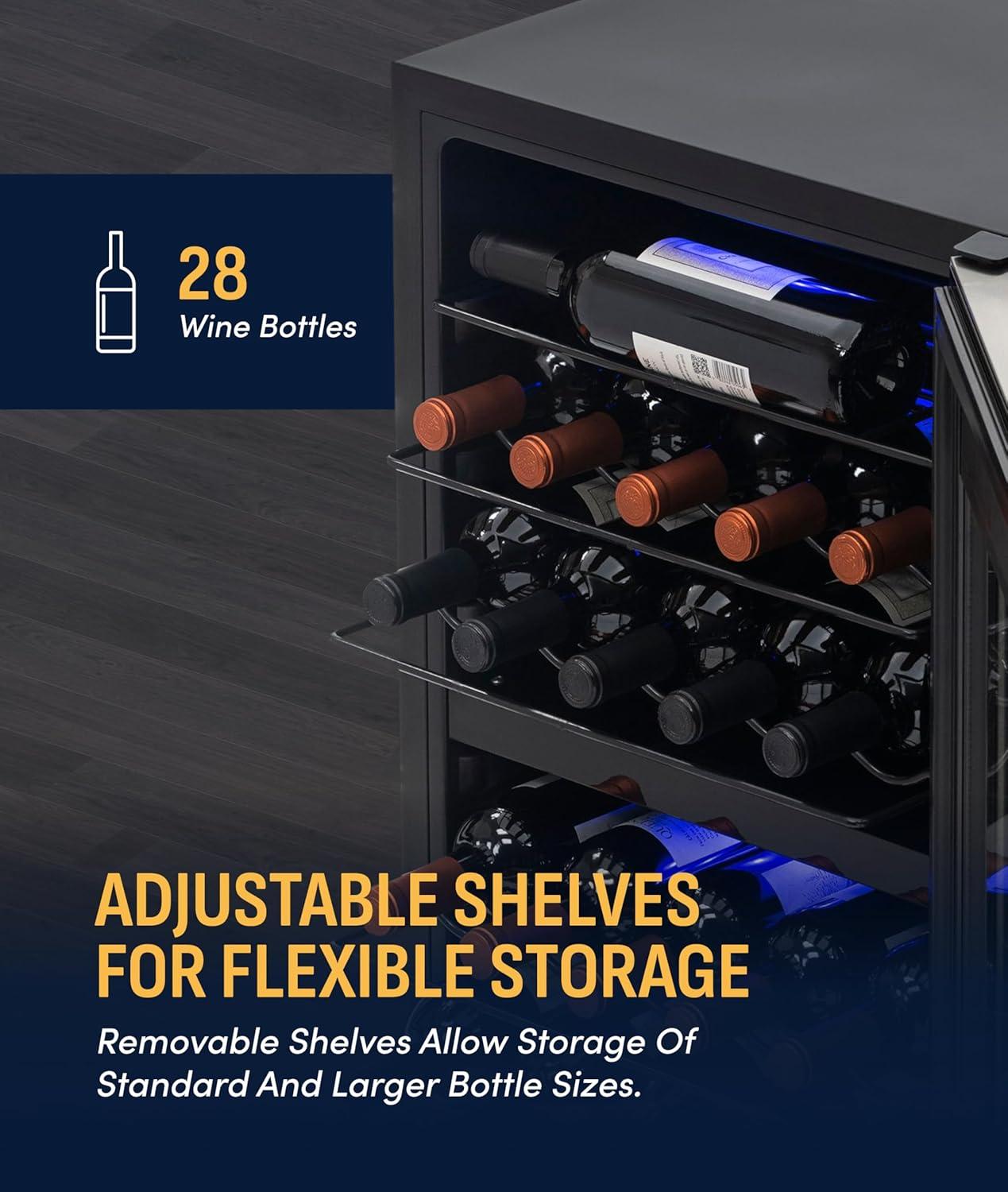 image:imageNewAir 19 Dual Zone Wine Fridge for 28 Bottles BuiltIn or Freestanding Wine Cooler Refrigerator with Glass Door Quiet Compressor Cooling amp Exterior Digital Thermostat Stainless SteelStainless Steel