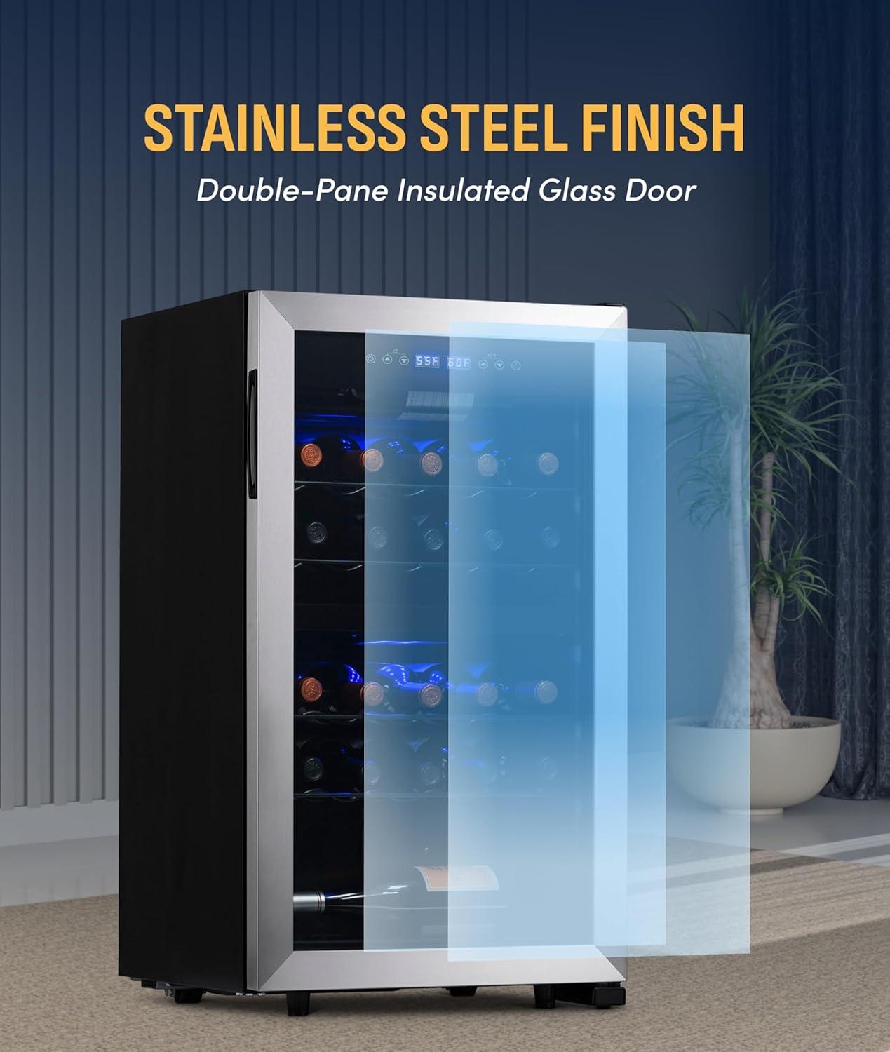 image:imageNewAir 19 Dual Zone Wine Fridge for 28 Bottles BuiltIn or Freestanding Wine Cooler Refrigerator with Glass Door Quiet Compressor Cooling amp Exterior Digital Thermostat Stainless SteelStainless Steel