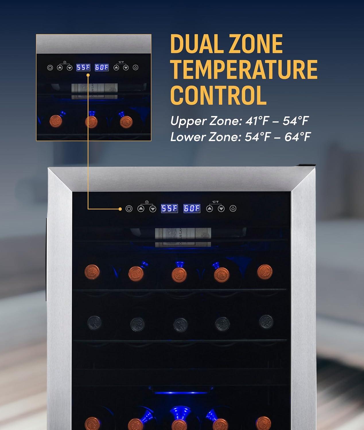 image:imageNewAir 19 Dual Zone Wine Fridge for 28 Bottles BuiltIn or Freestanding Wine Cooler Refrigerator with Glass Door Quiet Compressor Cooling amp Exterior Digital Thermostat Stainless SteelStainless Steel