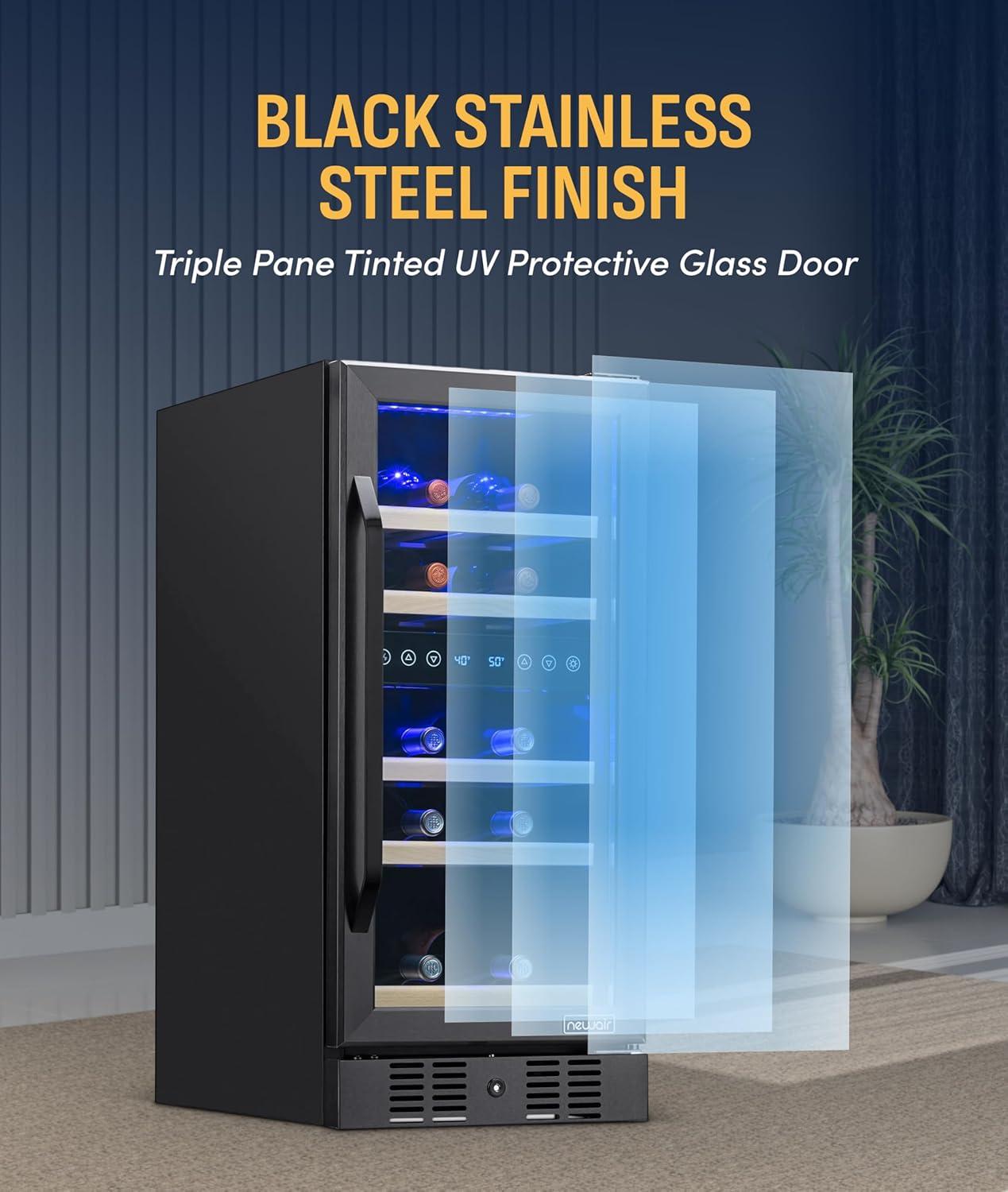 image:imageNewAir 19 Dual Zone Wine Fridge for 28 Bottles BuiltIn or Freestanding Wine Cooler Refrigerator with Glass Door Quiet Compressor Cooling amp Exterior Digital Thermostat Stainless SteelBlack Stainless Steel