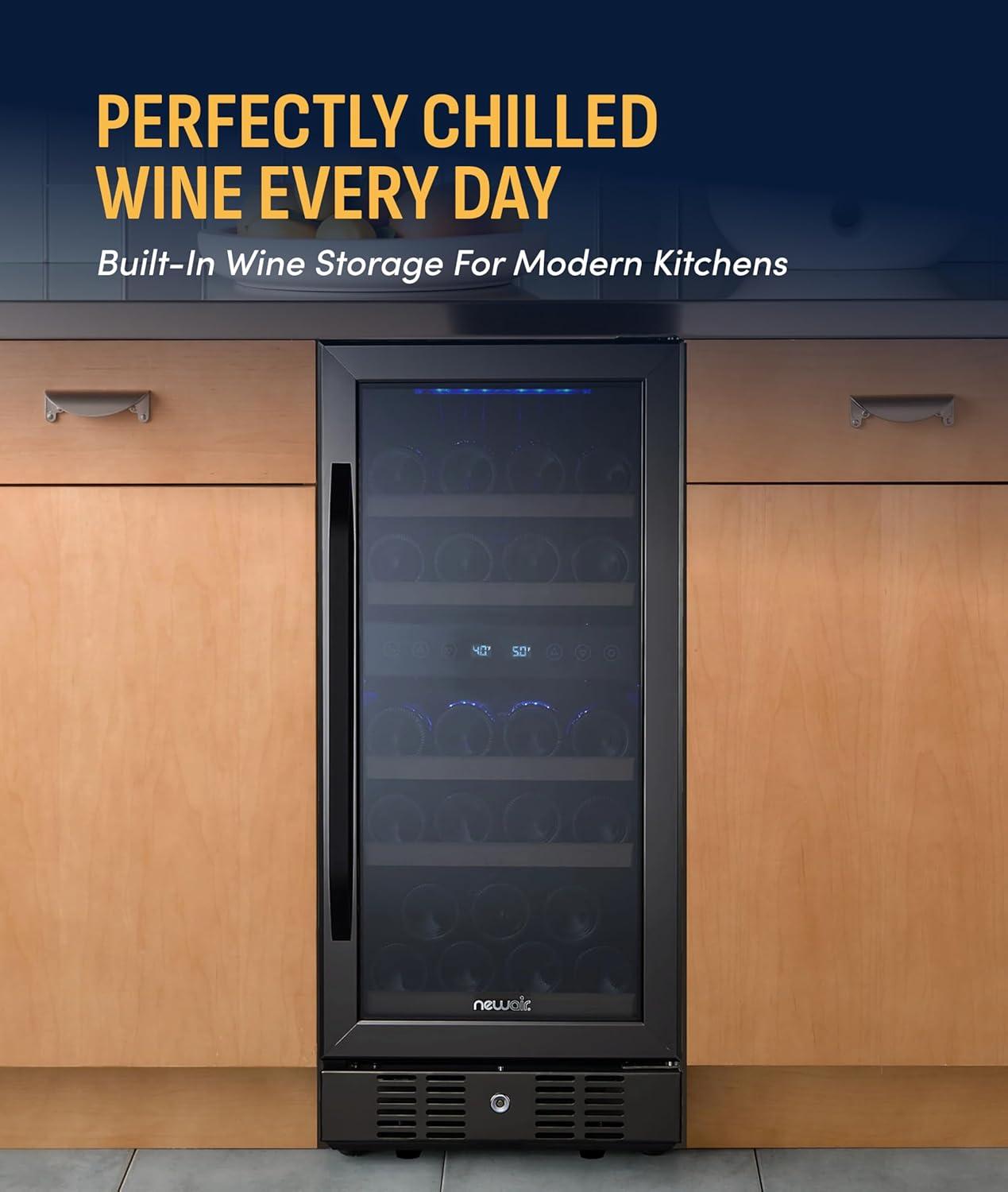 image:imageNewAir 19 Dual Zone Wine Fridge for 28 Bottles BuiltIn or Freestanding Wine Cooler Refrigerator with Glass Door Quiet Compressor Cooling amp Exterior Digital Thermostat Stainless SteelBlack Stainless Steel
