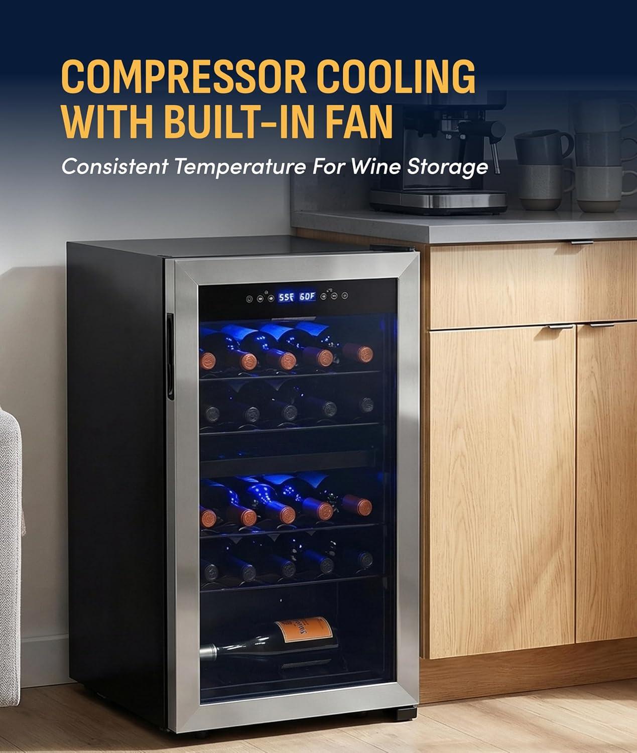 image:imageNewAir 19 Dual Zone Wine Fridge for 28 Bottles BuiltIn or Freestanding Wine Cooler Refrigerator with Glass Door Quiet Compressor Cooling amp Exterior Digital Thermostat Stainless SteelStainless Steel