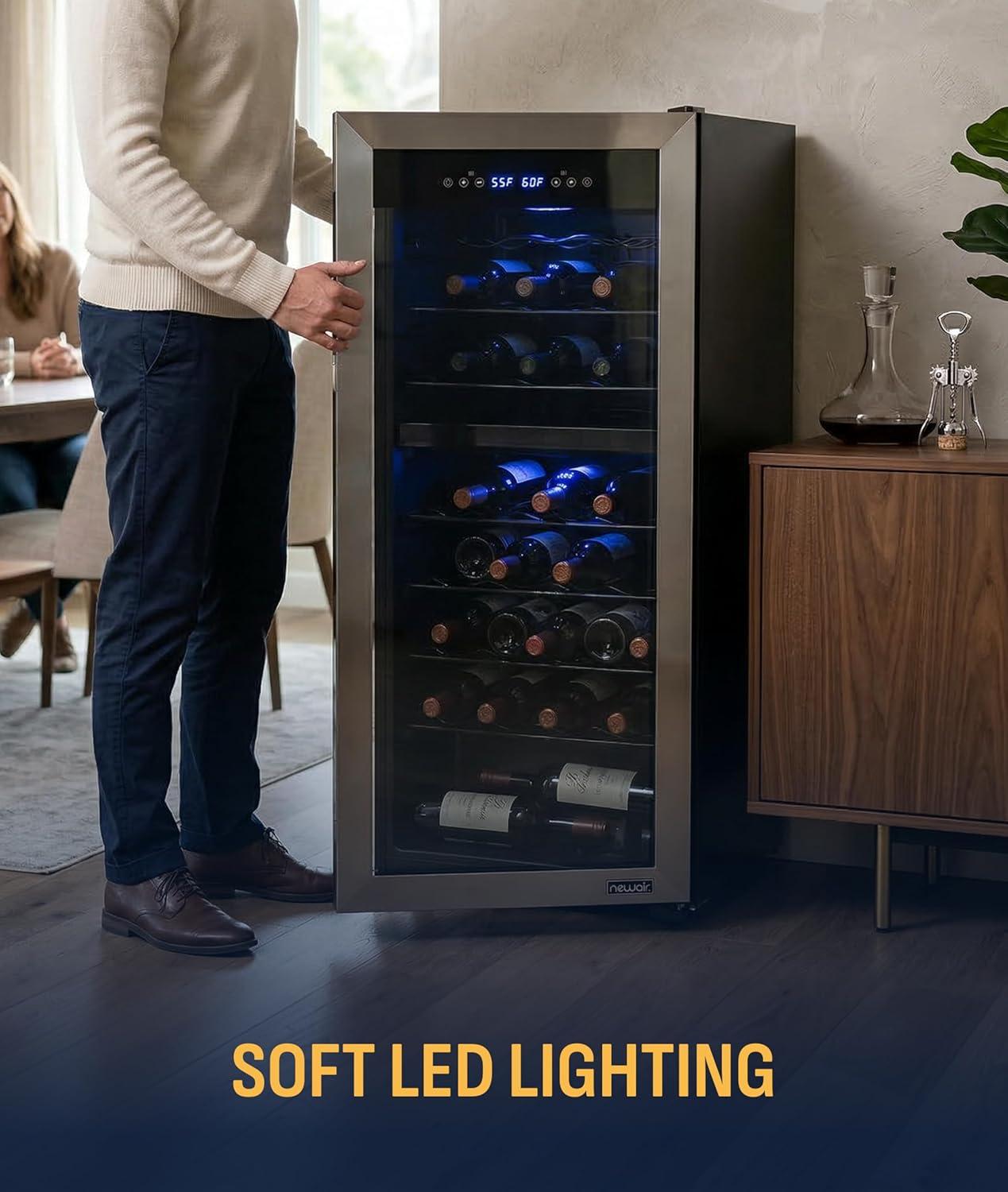 image:imageNewAir 19 Dual Zone Wine Fridge for 28 Bottles BuiltIn or Freestanding Wine Cooler Refrigerator with Glass Door Quiet Compressor Cooling amp Exterior Digital Thermostat Stainless SteelStainless Steel
