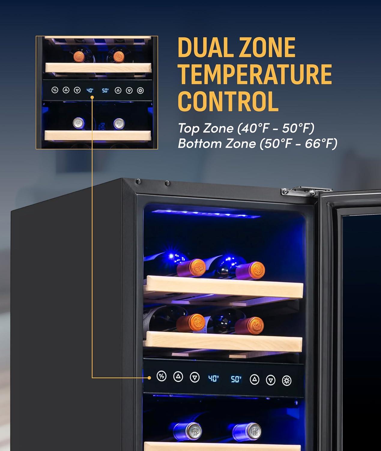 image:imageNewAir 19 Dual Zone Wine Fridge for 28 Bottles BuiltIn or Freestanding Wine Cooler Refrigerator with Glass Door Quiet Compressor Cooling amp Exterior Digital Thermostat Stainless SteelBlack Stainless Steel