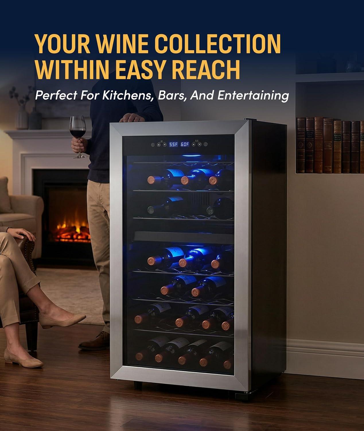 image:imageNewAir 19 Dual Zone Wine Fridge for 28 Bottles BuiltIn or Freestanding Wine Cooler Refrigerator with Glass Door Quiet Compressor Cooling amp Exterior Digital Thermostat Stainless SteelStainless Steel