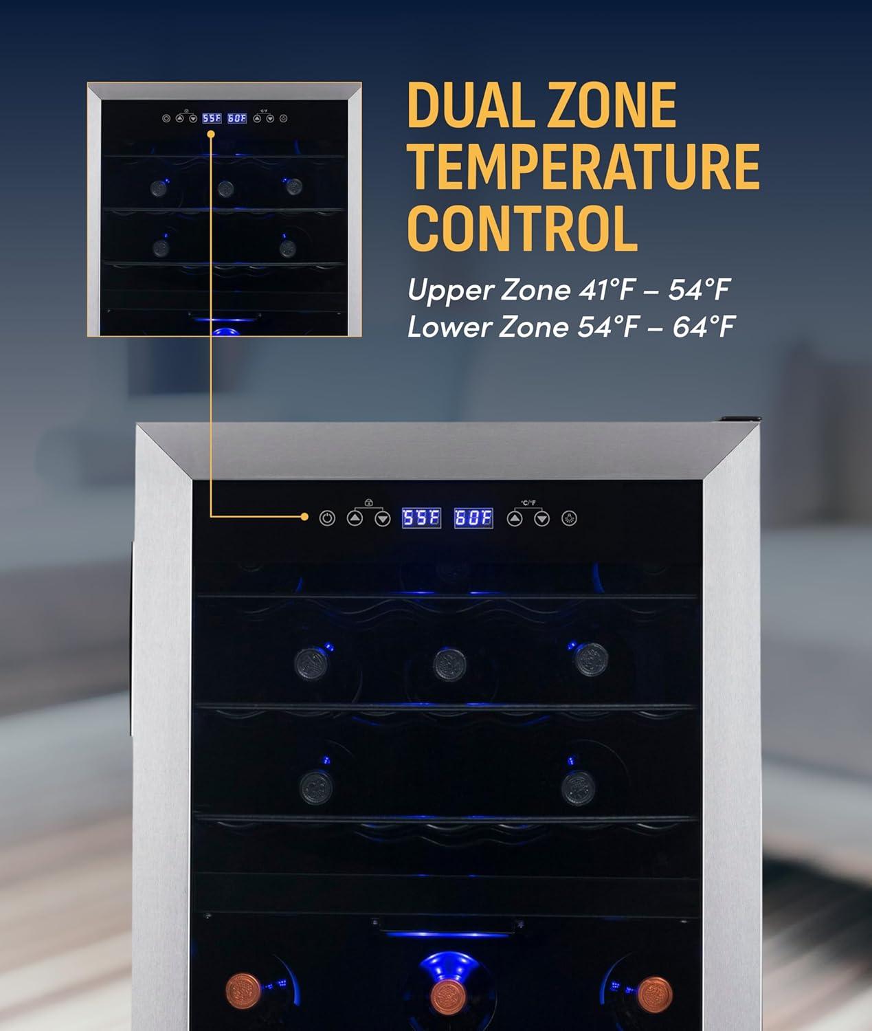 image:imageNewAir 19 Dual Zone Wine Fridge for 28 Bottles BuiltIn or Freestanding Wine Cooler Refrigerator with Glass Door Quiet Compressor Cooling amp Exterior Digital Thermostat Stainless SteelStainless Steel