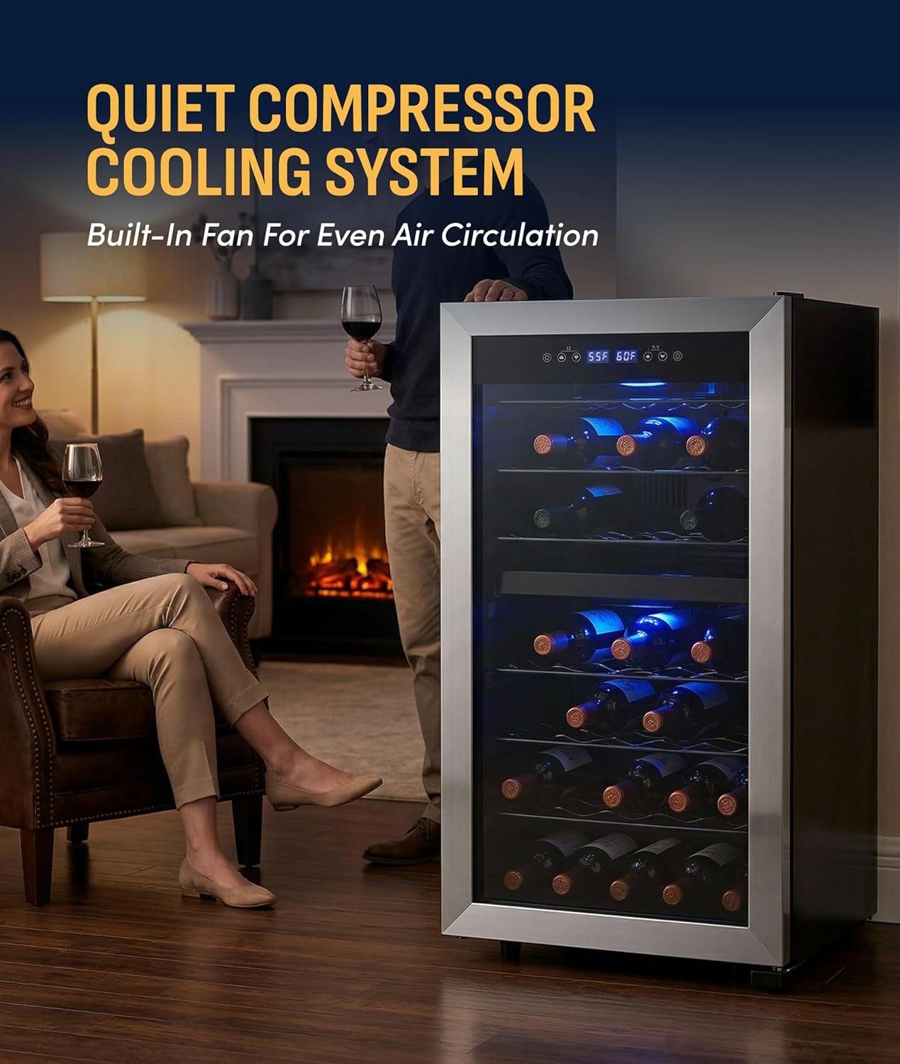image:imageNewAir 19 Dual Zone Wine Fridge for 28 Bottles BuiltIn or Freestanding Wine Cooler Refrigerator with Glass Door Quiet Compressor Cooling amp Exterior Digital Thermostat Stainless SteelStainless Steel