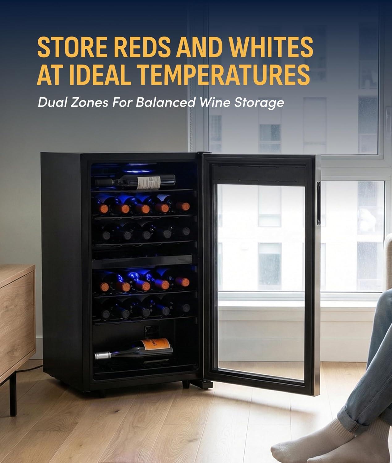 image:imageNewAir 19 Dual Zone Wine Fridge for 28 Bottles BuiltIn or Freestanding Wine Cooler Refrigerator with Glass Door Quiet Compressor Cooling amp Exterior Digital Thermostat Stainless SteelStainless Steel