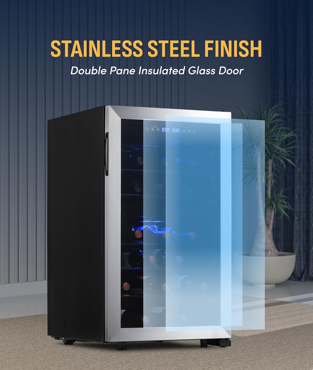 image:imageNewAir 19 Dual Zone Wine Fridge for 28 Bottles BuiltIn or Freestanding Wine Cooler Refrigerator with Glass Door Quiet Compressor Cooling amp Exterior Digital Thermostat Stainless SteelStainless Steel
