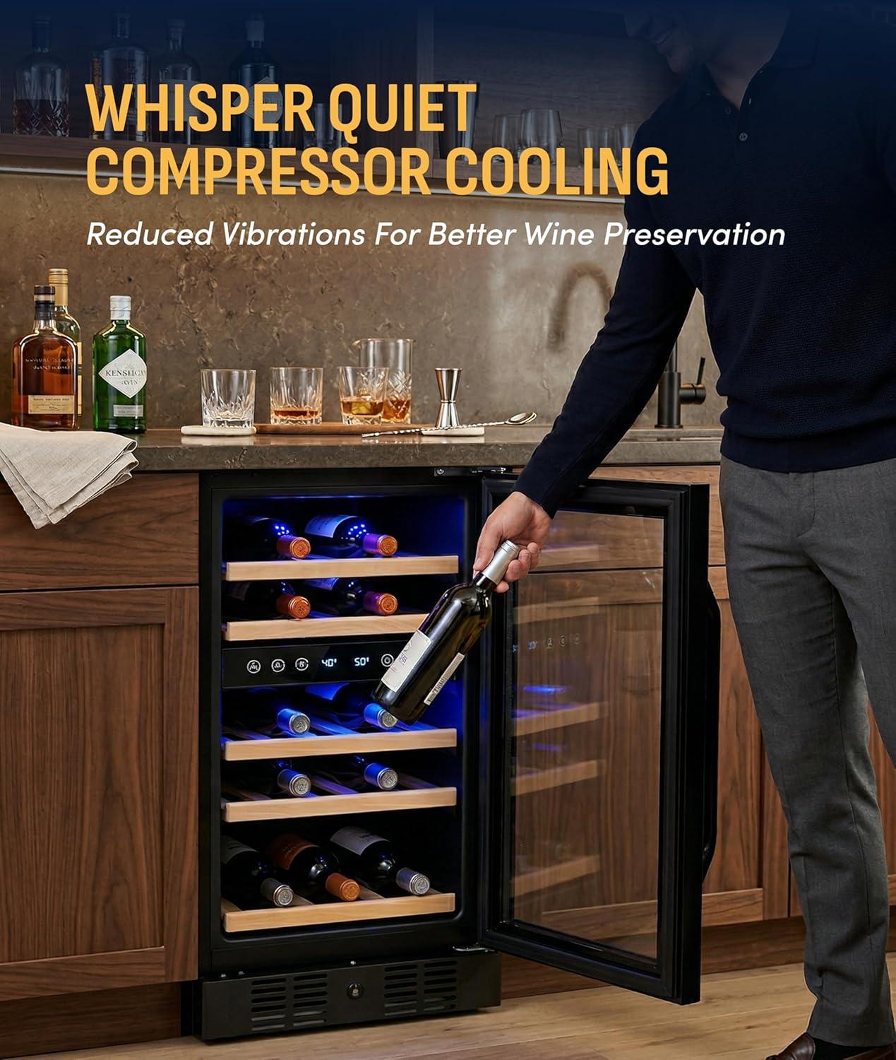 image:imageNewAir 19 Dual Zone Wine Fridge for 28 Bottles BuiltIn or Freestanding Wine Cooler Refrigerator with Glass Door Quiet Compressor Cooling amp Exterior Digital Thermostat Stainless SteelBlack Stainless Steel
