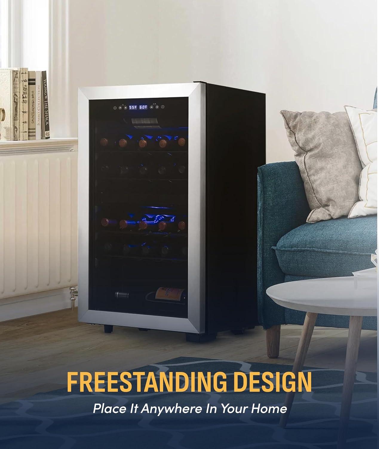 image:imageNewAir 19 Dual Zone Wine Fridge for 28 Bottles BuiltIn or Freestanding Wine Cooler Refrigerator with Glass Door Quiet Compressor Cooling amp Exterior Digital Thermostat Stainless SteelStainless Steel