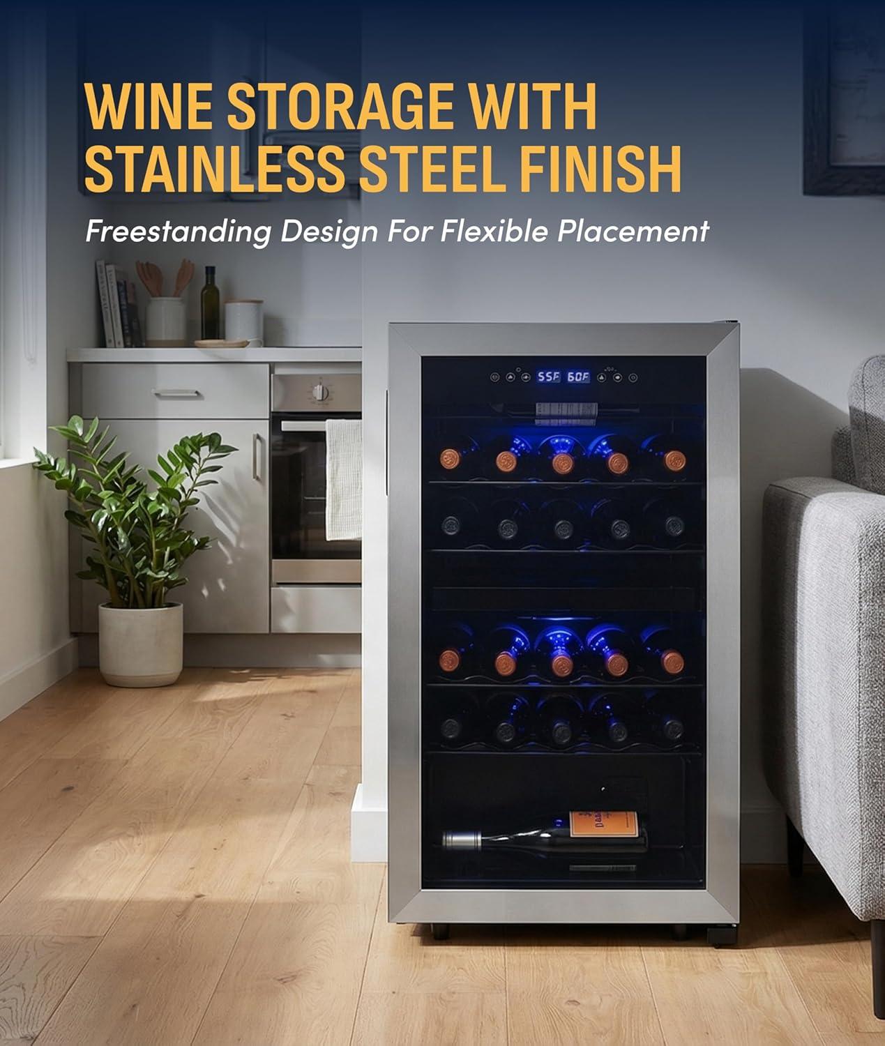 image:imageNewAir 19 Dual Zone Wine Fridge for 28 Bottles BuiltIn or Freestanding Wine Cooler Refrigerator with Glass Door Quiet Compressor Cooling amp Exterior Digital Thermostat Stainless SteelStainless Steel