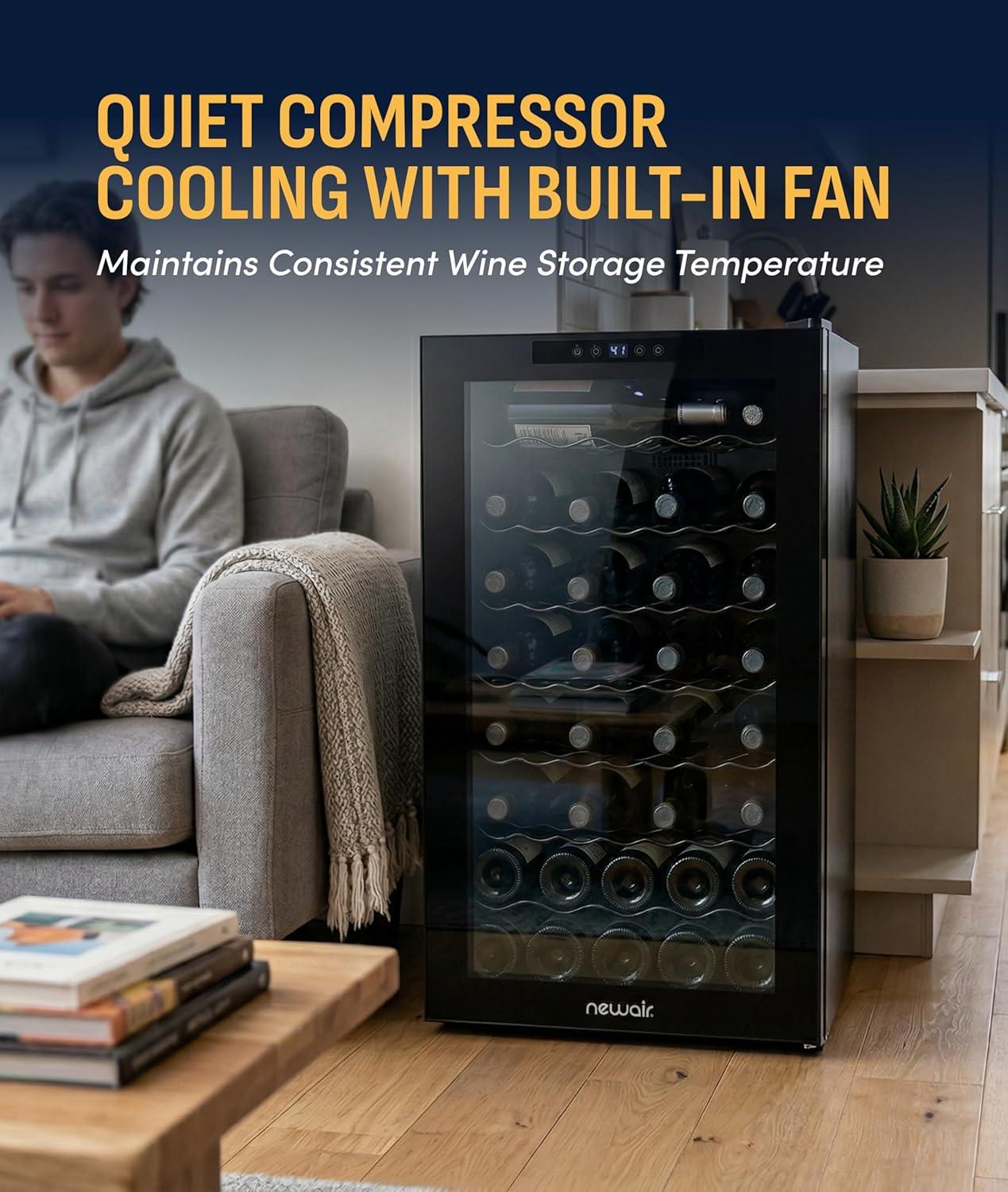 image:imageNewAir 20 Wine Fridge for 51 Bottles BuiltIn or Freestanding Wine Cooler Refrigerator with Glass Door Mirrored DoublePane Design Compressor Cooling amp Adjustable Shelves Black51 Bottle