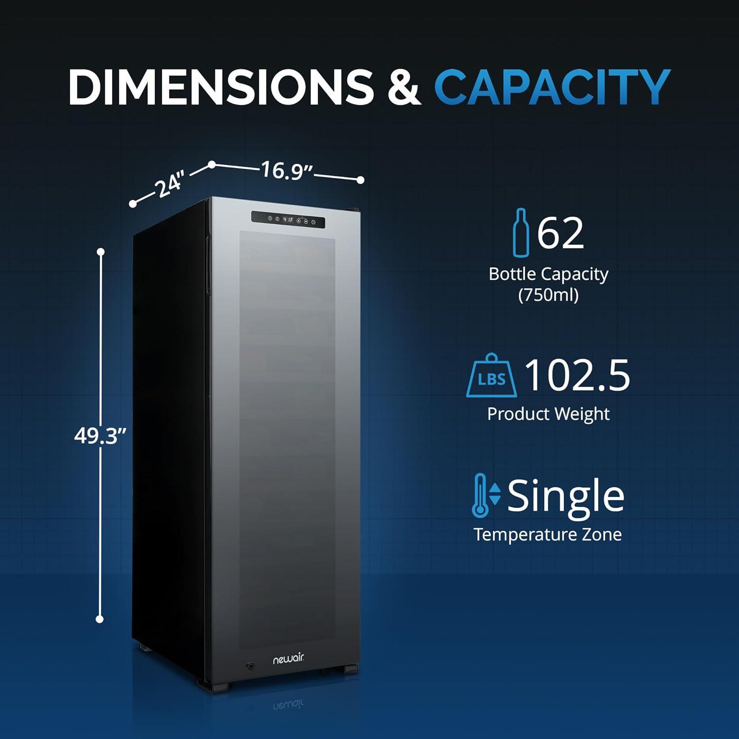 image:imageNewAir 20 Wine Fridge for 51 Bottles BuiltIn or Freestanding Wine Cooler Refrigerator with Glass Door Mirrored DoublePane Design Compressor Cooling amp Adjustable Shelves Black62 Bottle
