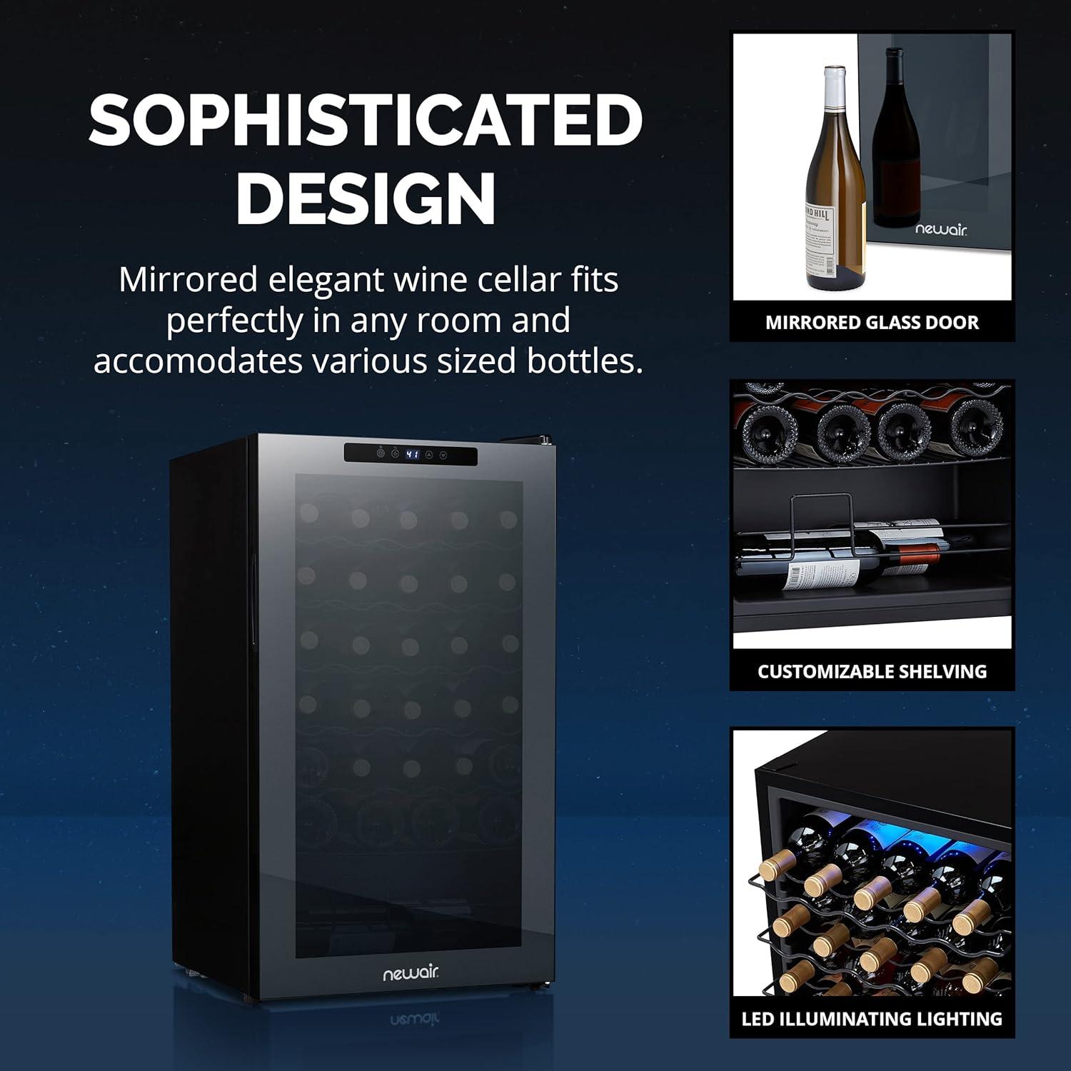image:imageNewAir 20 Wine Fridge for 51 Bottles BuiltIn or Freestanding Wine Cooler Refrigerator with Glass Door Mirrored DoublePane Design Compressor Cooling amp Adjustable Shelves Black34 Bottle