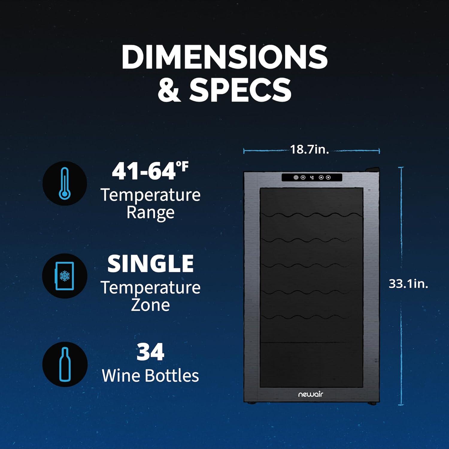 image:imageNewAir 20 Wine Fridge for 51 Bottles BuiltIn or Freestanding Wine Cooler Refrigerator with Glass Door Mirrored DoublePane Design Compressor Cooling amp Adjustable Shelves Black34 Bottle