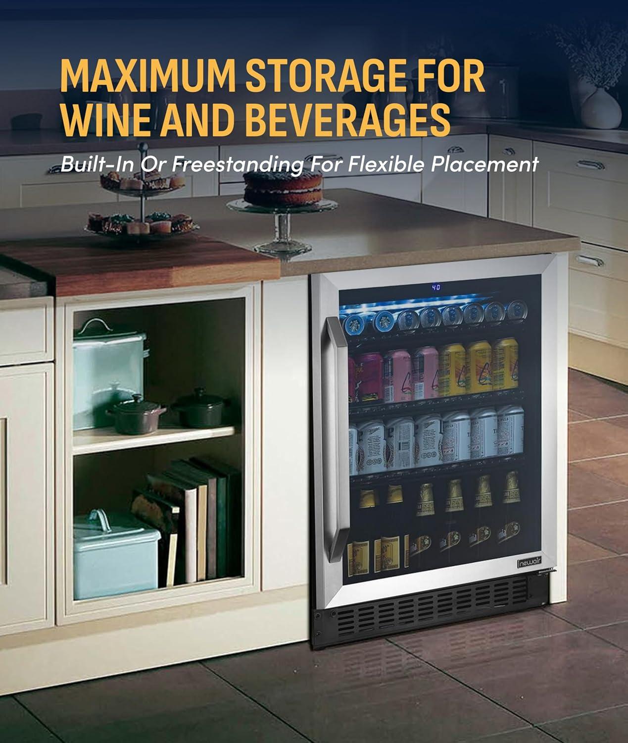 image:imageNewAir 24 Single Zone Beverage amp Wine Fridge Beverage amp Wine Refrigerator for 49 Bottles or 179 Cans Freestanding or BuiltIn Under Counter Mini Fridge for Beer Wine amp Soda Stainless Steel49 Bottles or 179 Cans