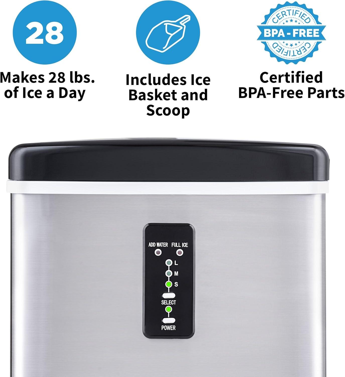 image:imageNewAir 28 lb Countertop Ice Maker Portable Bullet Ice Machine Fresh Ice in 10 Minutes 3 Ice Sizes Compact Stainless Steel with Scoop amp Basket