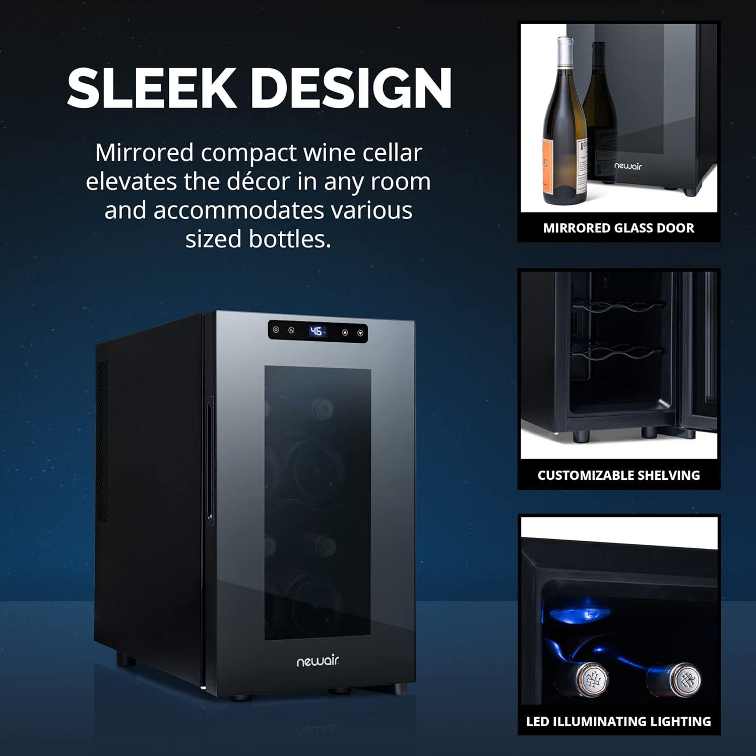 image:imageNewAir ShadowT Series 8 Bottle Thermoelectric Wine Fridge Countertop Wine Refrigerator Mirrored Compact Wine Cellar TripleLayer Glass Door Cooler VibrationFree amp UltraQuiet Cooling8 bottles