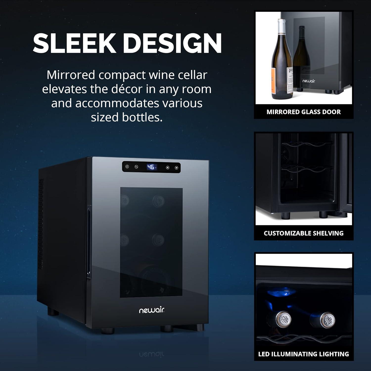 image:imageNewAir ShadowT Series 8 Bottle Thermoelectric Wine Fridge Countertop Wine Refrigerator Mirrored Compact Wine Cellar TripleLayer Glass Door Cooler VibrationFree amp UltraQuiet Cooling6 bottles