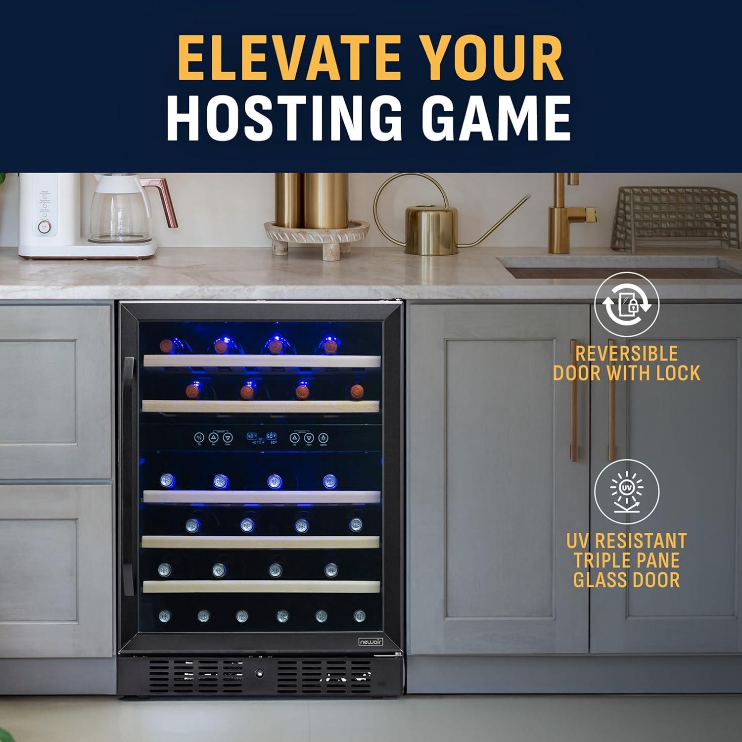 image:imageNewair 24 Wine Cooler Refrigerator Large 116 Bottle Builtin or Freestanding Dual Zone Wine Cellar in Stainless Steel with Precision Thermostat Full Extension Beechwood ShelvesBlack Stainless Steel