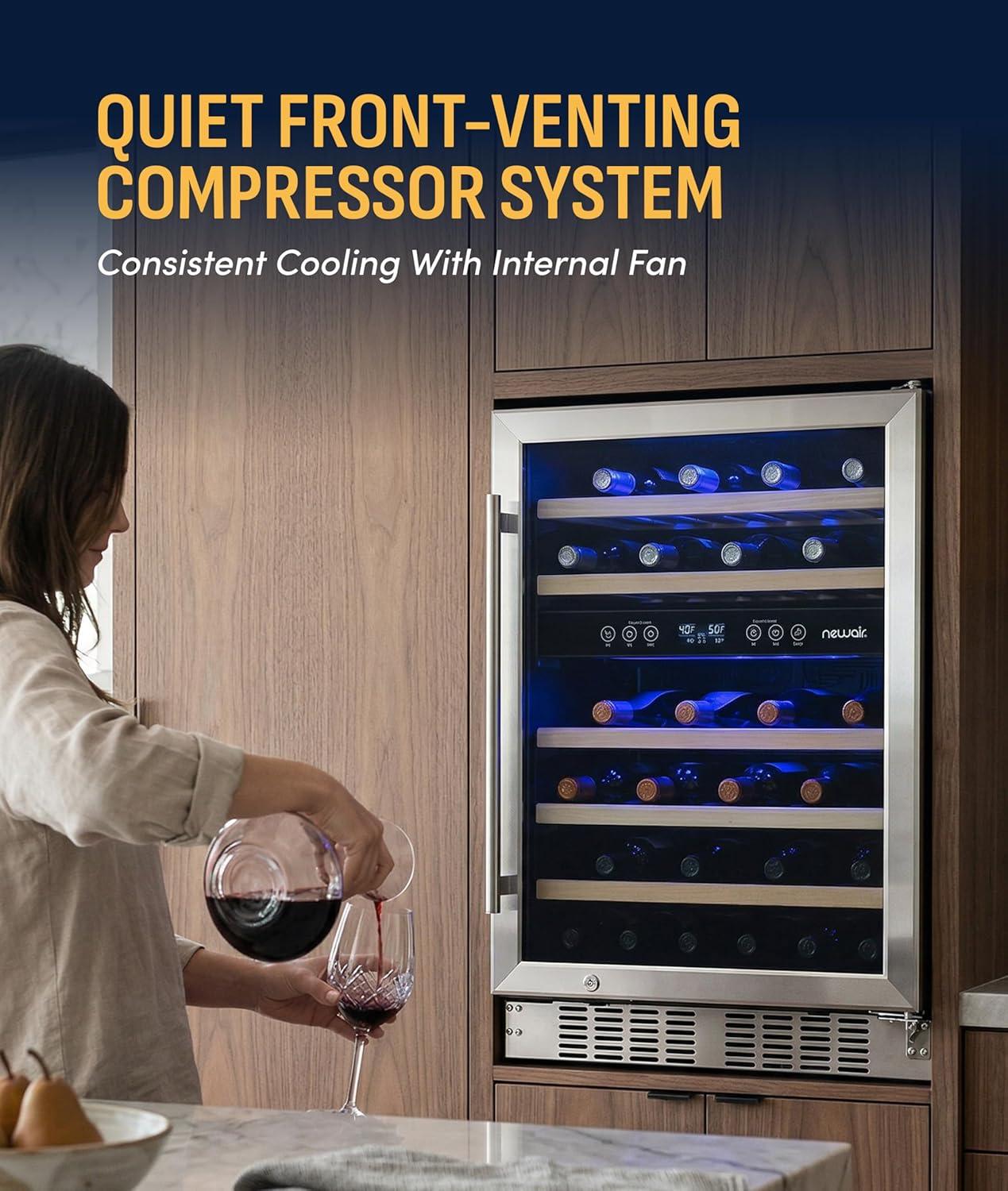 image:imageNewair 24 Wine Cooler Refrigerator Large 116 Bottle Builtin or Freestanding Dual Zone Wine Cellar in Stainless Steel with Precision Thermostat Full Extension Beechwood ShelvesStainless Steel Recessed Kickplate