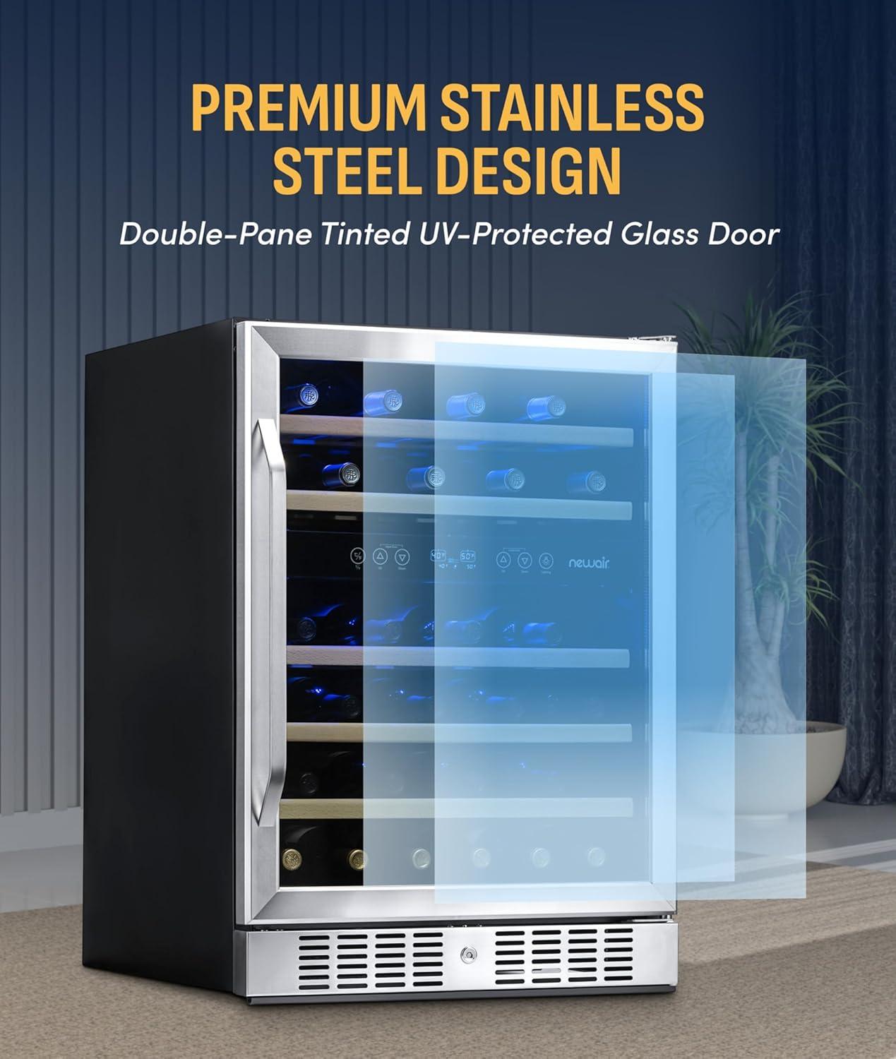 image:imageNewair 24 Wine Cooler Refrigerator Large 116 Bottle Builtin or Freestanding Dual Zone Wine Cellar in Stainless Steel with Precision Thermostat Full Extension Beechwood ShelvesStainless Steel