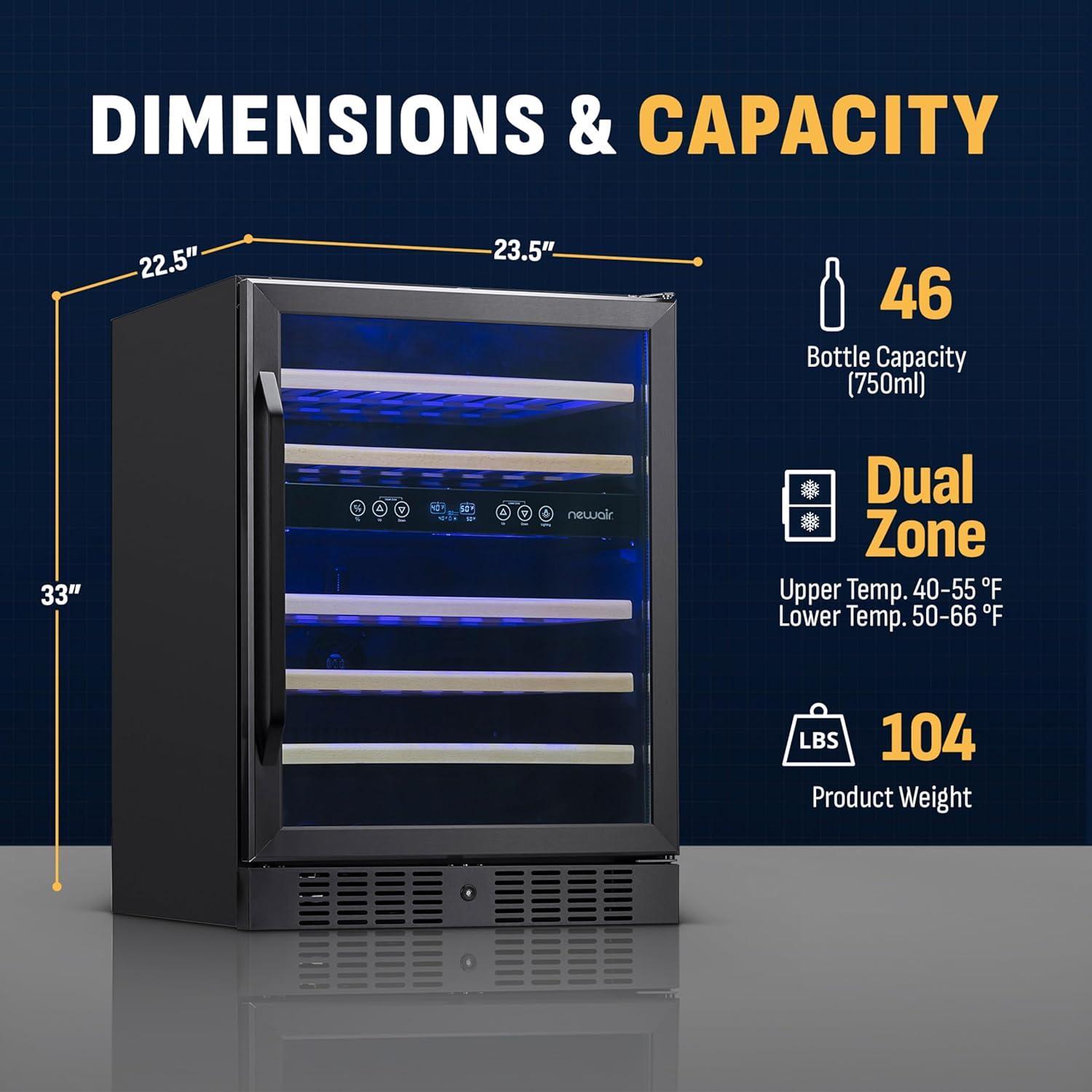 image:imageNewair 24 Wine Cooler Refrigerator Large 116 Bottle Builtin or Freestanding Dual Zone Wine Cellar in Stainless Steel with Precision Thermostat Full Extension Beechwood ShelvesBlack Stainless Steel