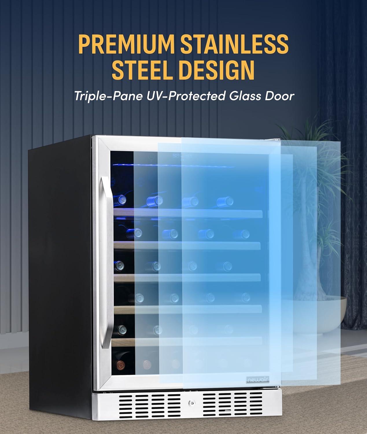 image:imageNewair 24 Wine Cooler Refrigerator Large 116 Bottle Builtin or Freestanding Dual Zone Wine Cellar in Stainless Steel with Precision Thermostat Full Extension Beechwood ShelvesStainless Steel