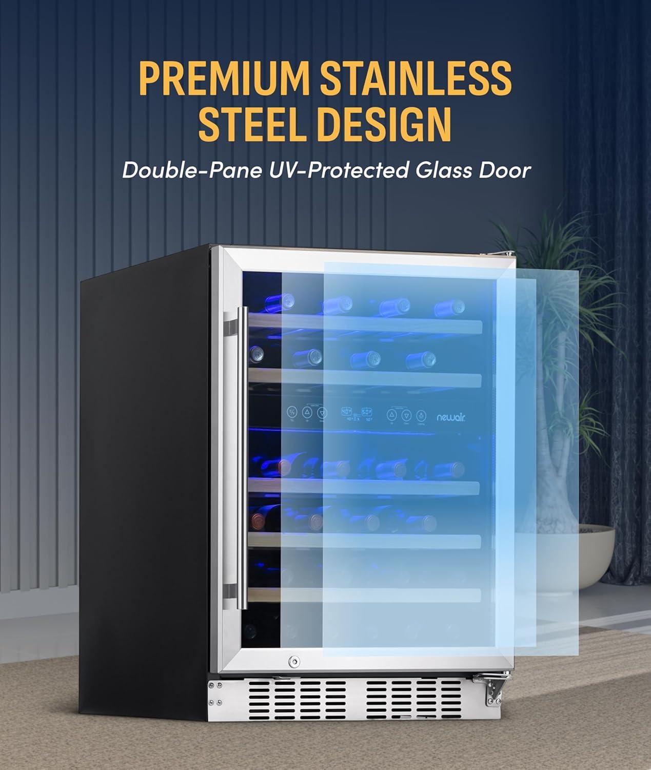 image:imageNewair 24 Wine Cooler Refrigerator Large 116 Bottle Builtin or Freestanding Dual Zone Wine Cellar in Stainless Steel with Precision Thermostat Full Extension Beechwood ShelvesStainless Steel Recessed Kickplate