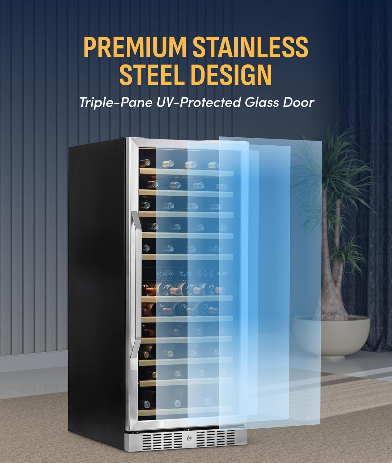 image:imageNewair 24 Wine Cooler Refrigerator Large 116 Bottle Builtin or Freestanding Dual Zone Wine Cellar in Stainless Steel with Precision Thermostat Full Extension Beechwood ShelvesStainless Steel