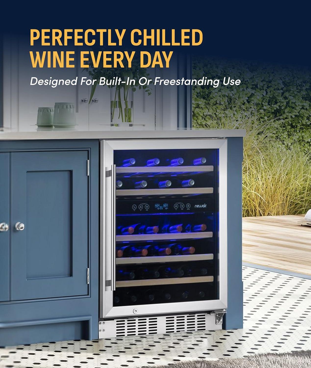 image:imageNewair 24 Wine Cooler Refrigerator Large 116 Bottle Builtin or Freestanding Dual Zone Wine Cellar in Stainless Steel with Precision Thermostat Full Extension Beechwood ShelvesStainless Steel Recessed Kickplate